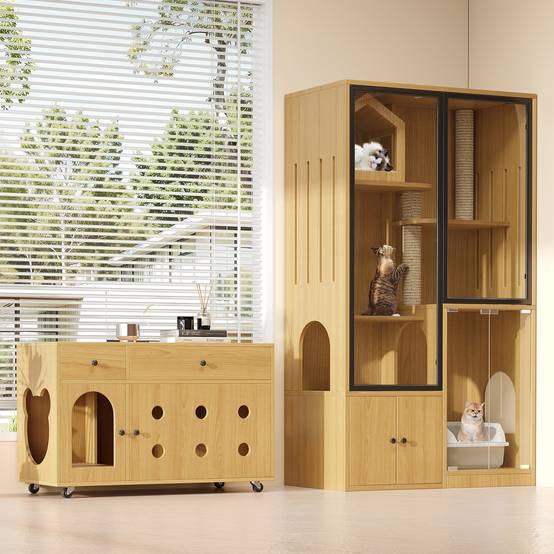 Enclos pour chats en verre et bois, avec rangement pour litière, couleur érable, 90 x 50 x 160 cm - PANGIVO - Image 3