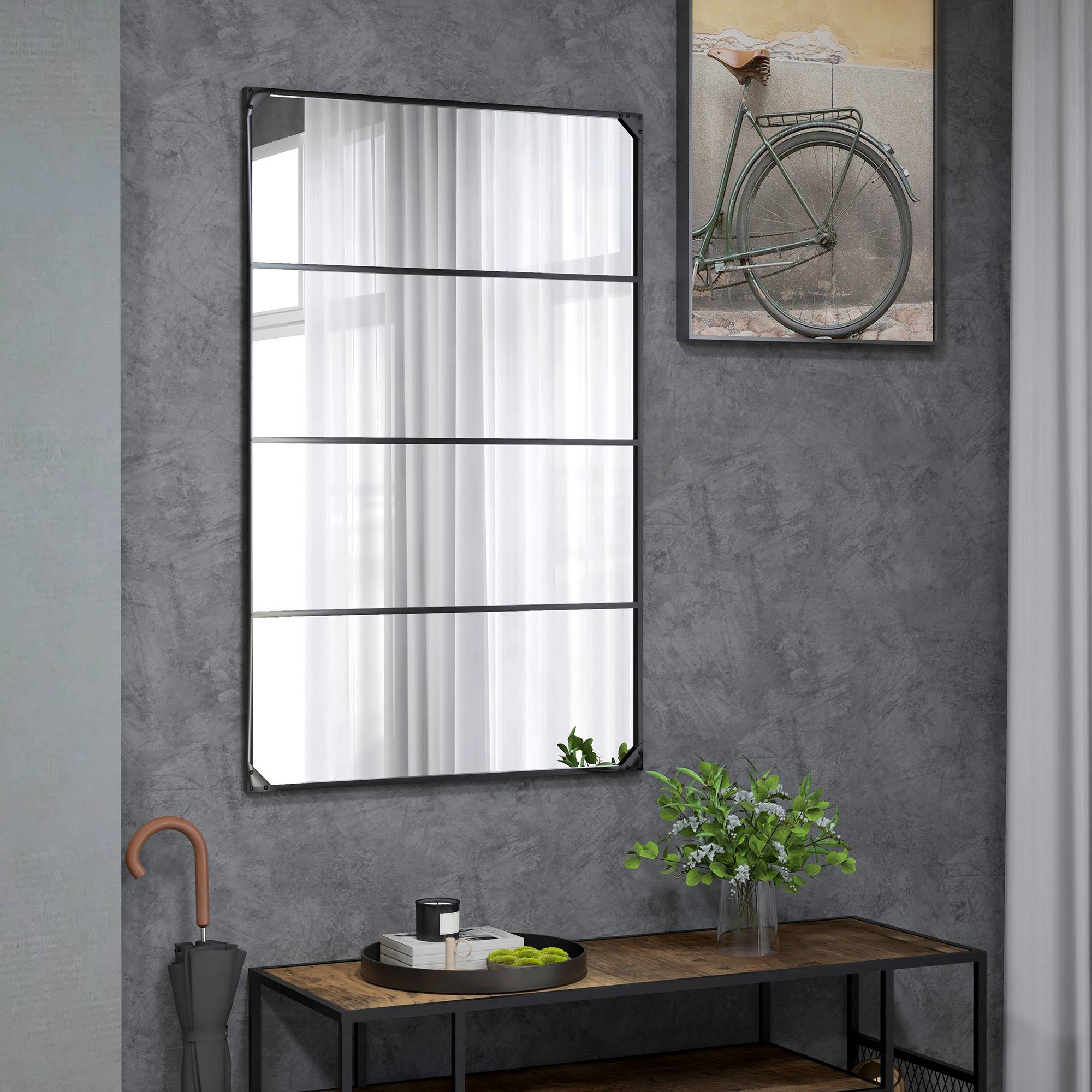 Sans Marque - Miroir mural verrière rectangulaire style industriel horizontal vertical 4 crochets métal noir 109x69 cm - Image 3