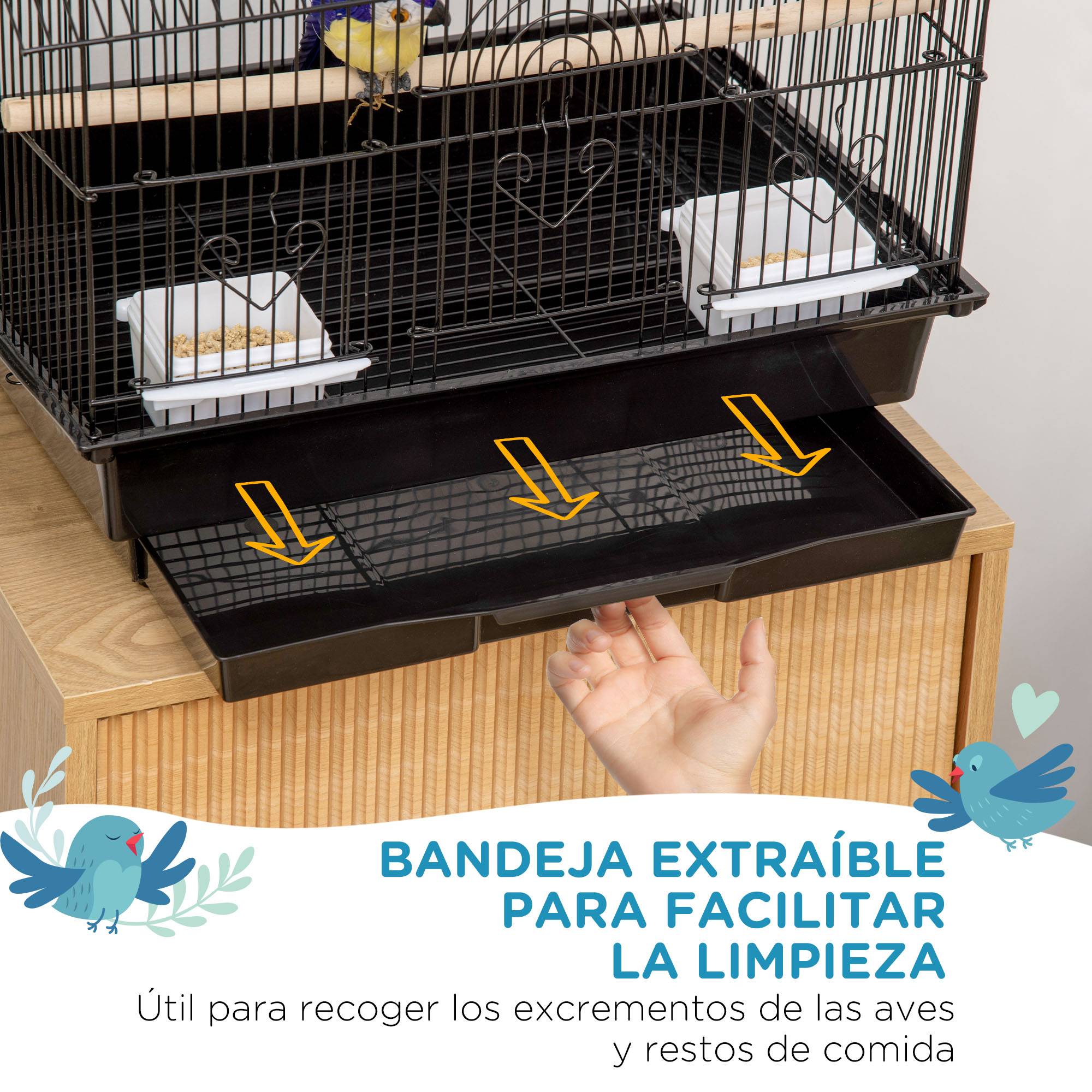 Cage à oiseaux en acier avec plateau extractible et 2 mangeoires, pour pinsons et perruches, 50,5x41x63 cm, noir - Image 7