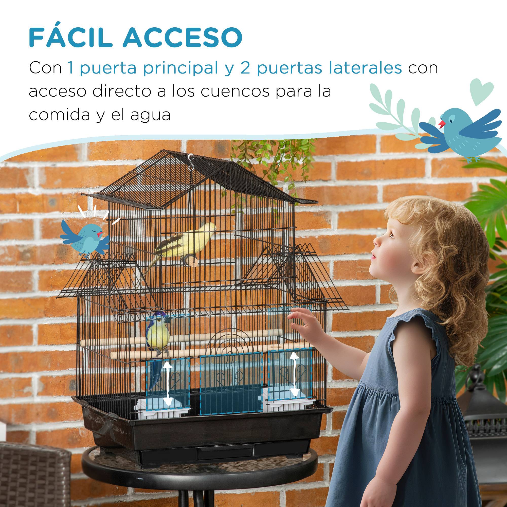 Cage à oiseaux en acier avec plateau extractible et 2 mangeoires, pour pinsons et perruches, 50,5x41x63 cm, noir - Image 8