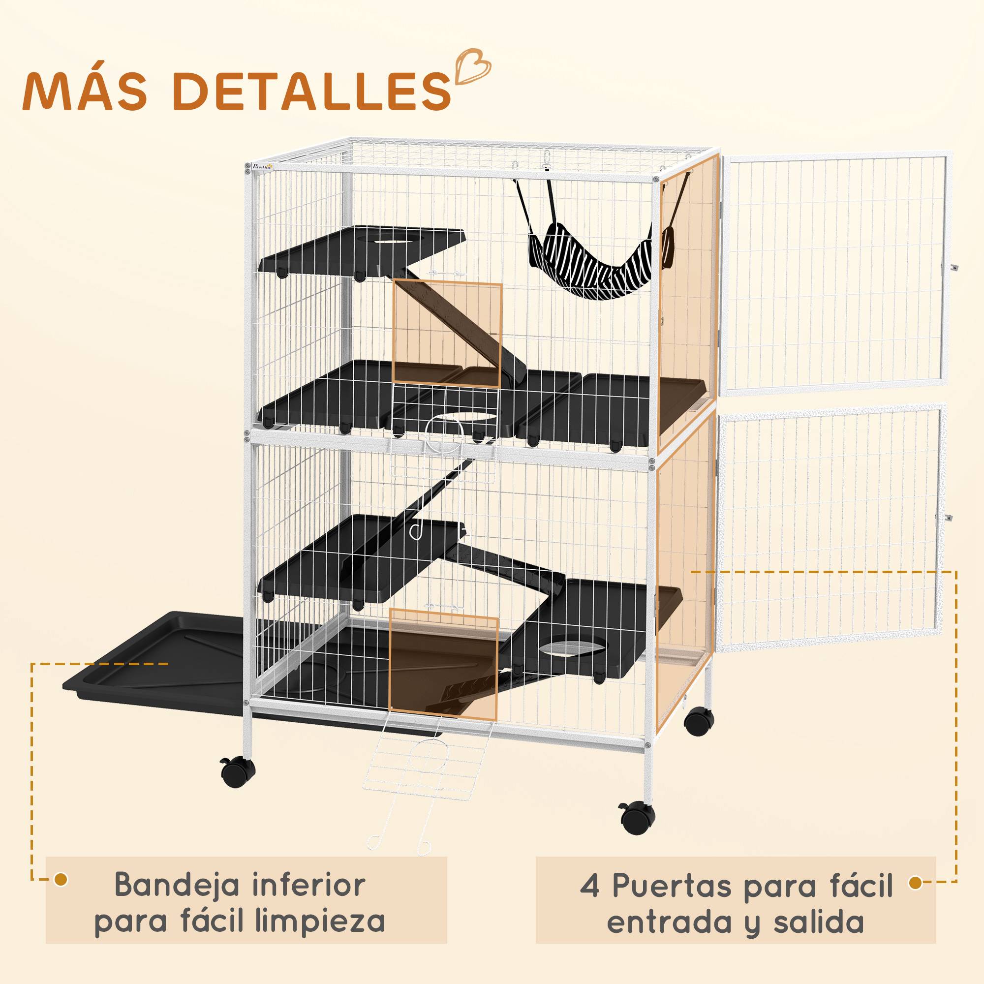 Cage pour petits animaux avec roues, rampes, hamac et plateau amovible pour chinchillas et furets, 80 x 52 x 128 cm, blanche - Image 9