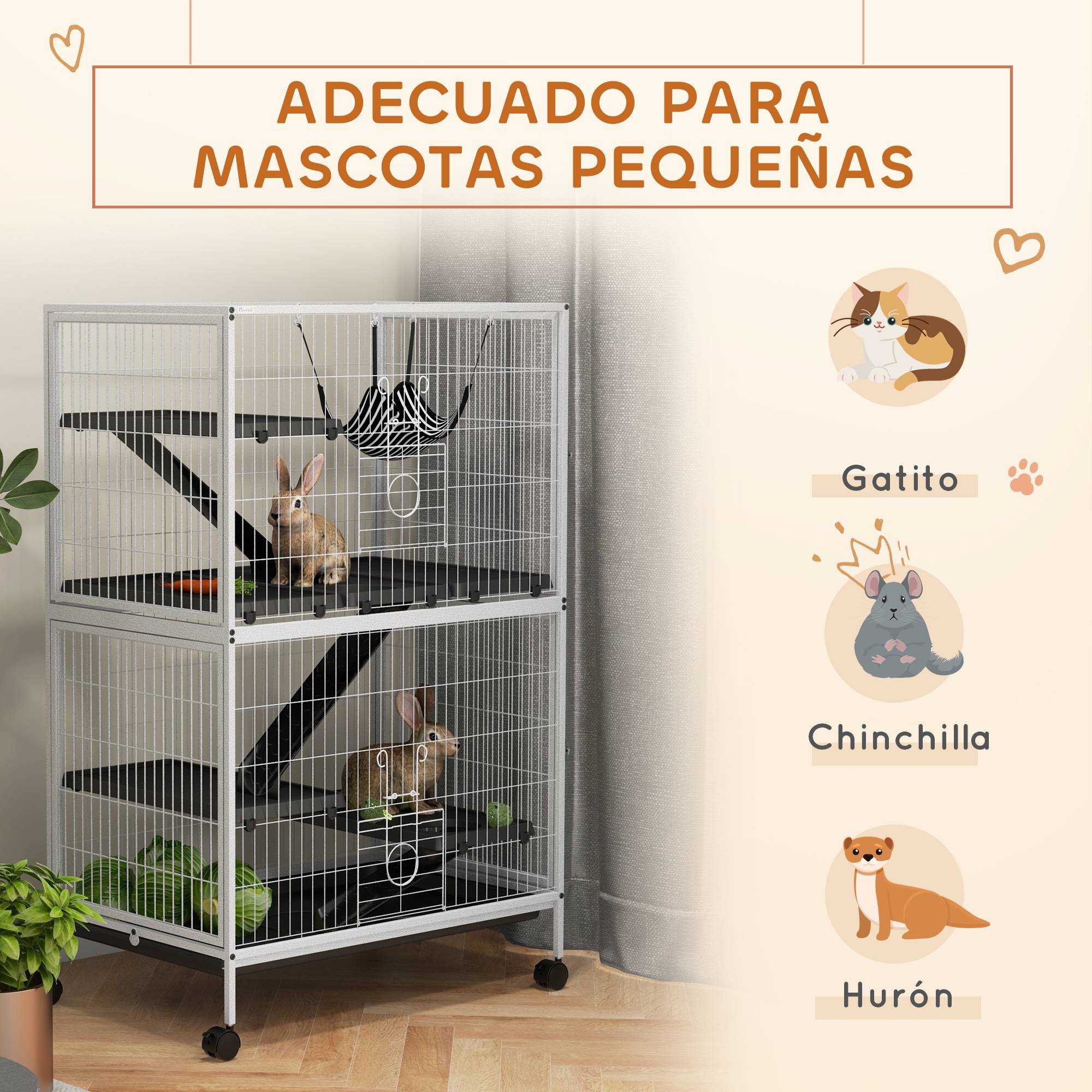 Cage pour petits animaux avec roues, rampes, hamac et plateau amovible pour chinchillas et furets, 80 x 52 x 128 cm, blanche - Image 6