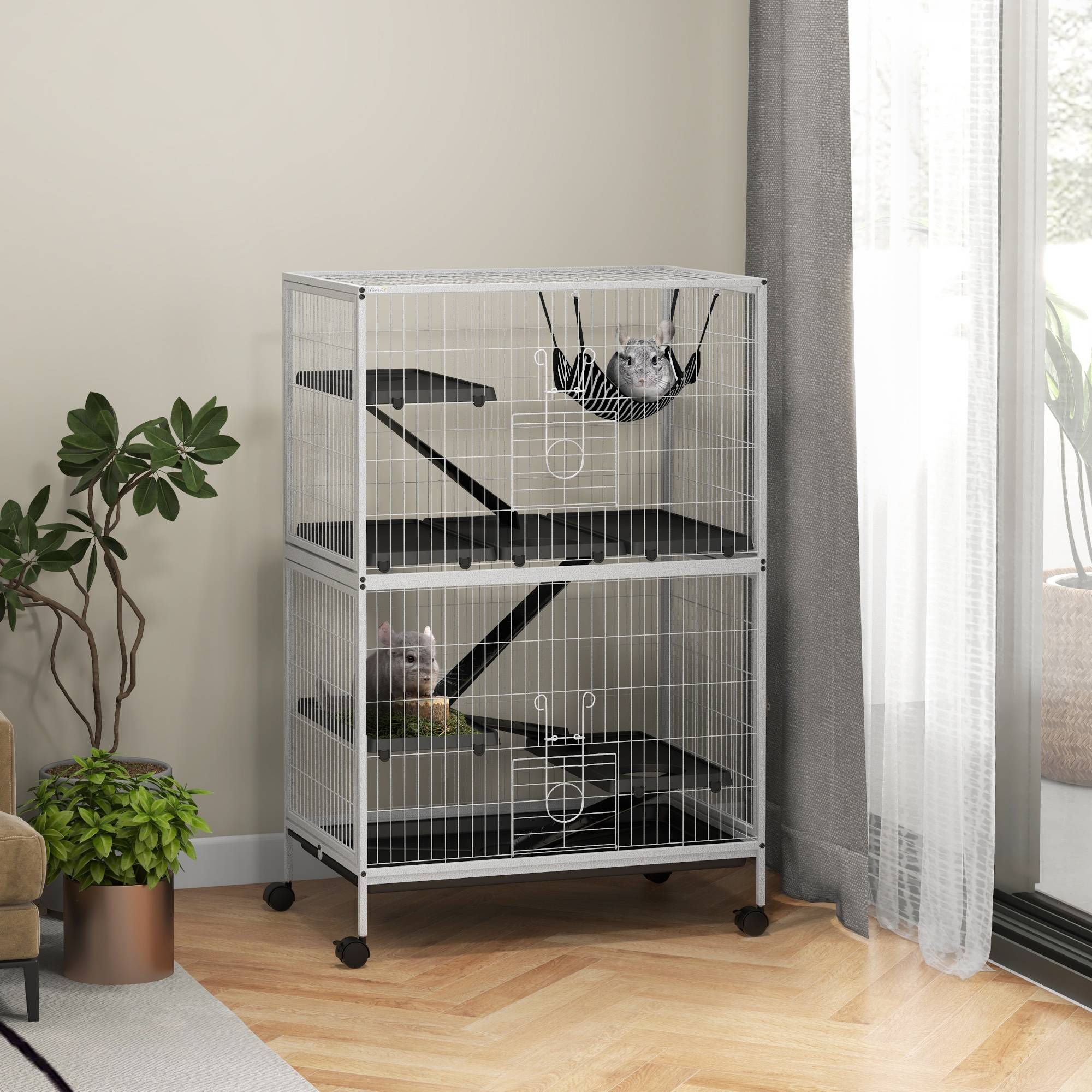 Cage pour petits animaux avec roues, rampes, hamac et plateau amovible pour chinchillas et furets, 80 x 52 x 128 cm, blanche - Image 3