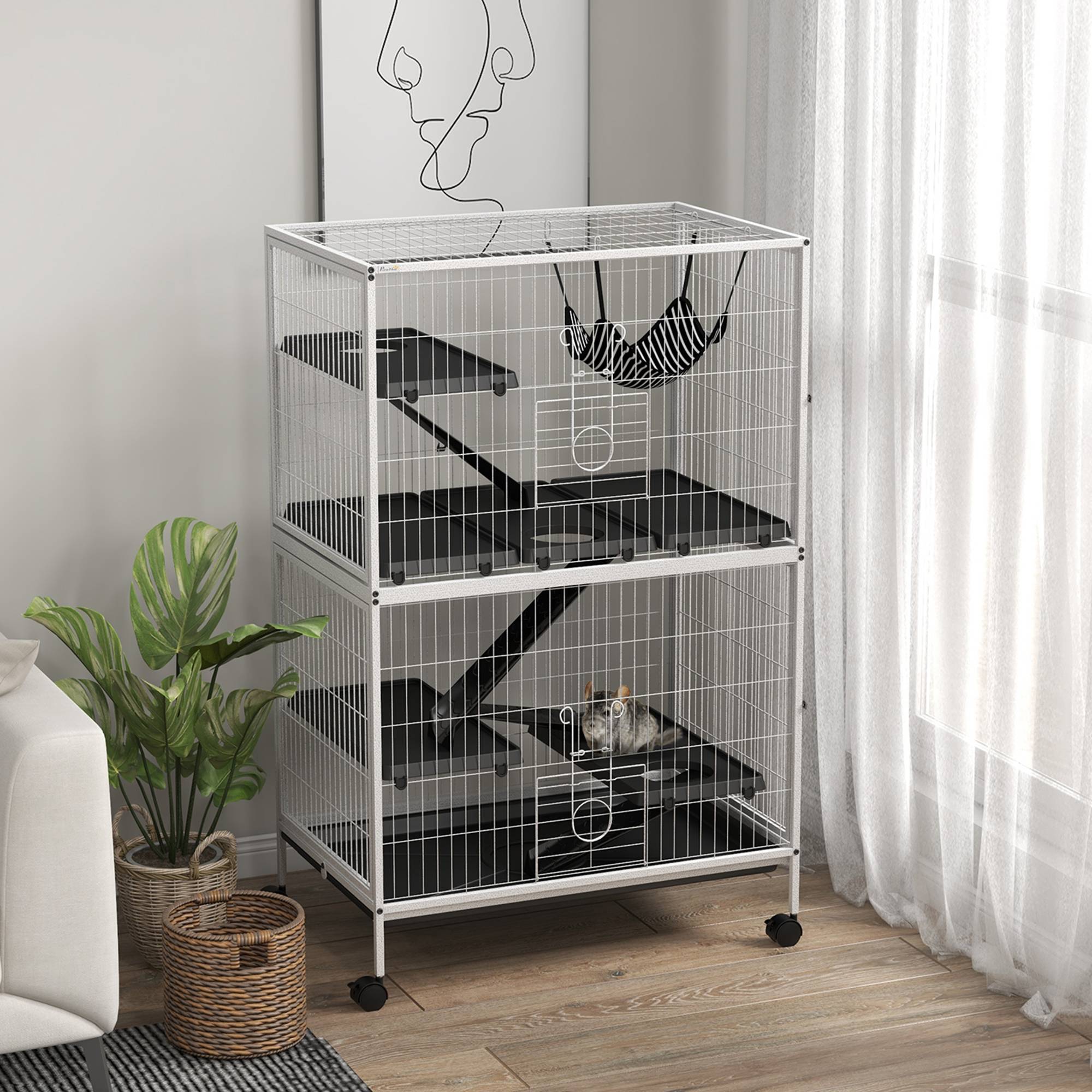 Cage pour petits animaux avec roues, rampes, hamac et plateau amovible pour chinchillas et furets, 80 x 52 x 128 cm, blanche - Image 4