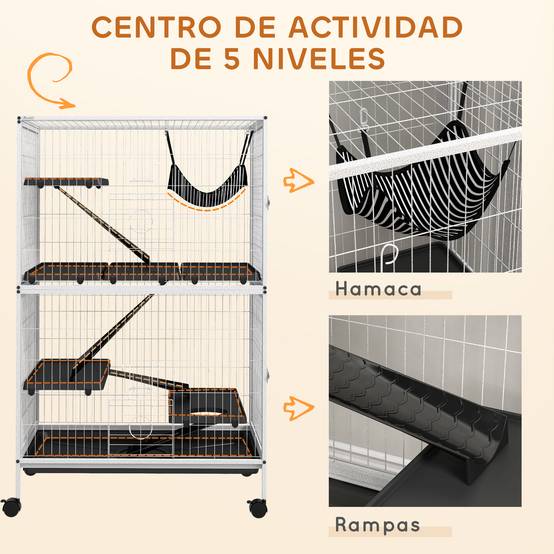 Cage pour petits animaux avec roues, rampes, hamac et plateau amovible pour chinchillas et furets, 80 x 52 x 128 cm, blanche - Image 8