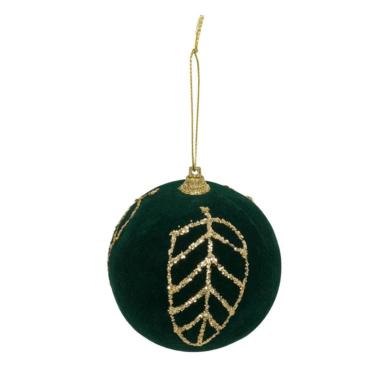 Feeric Christmas - Boule de Noël en velours vert motif feuille D. 80 mm - Feeric Lights & Christmas - Image 1