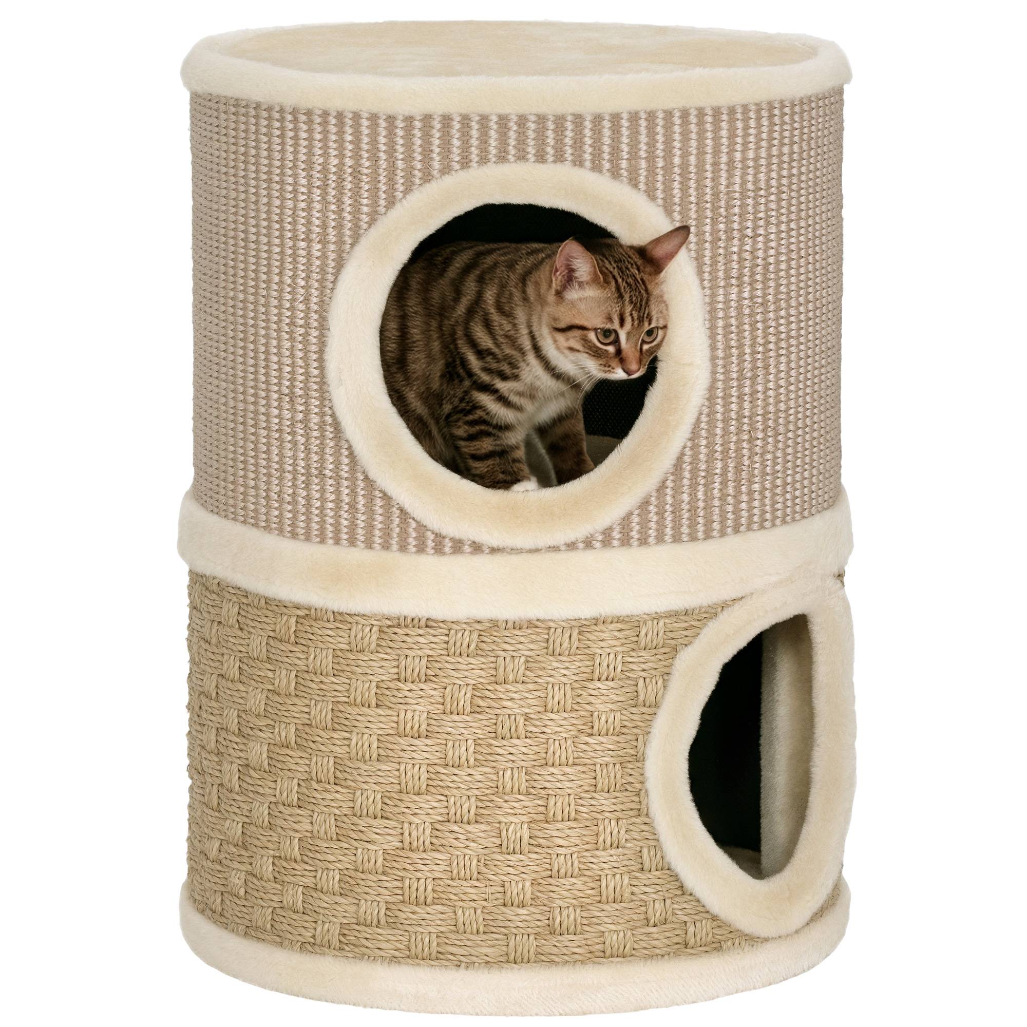 Tonneau à gratter pour chat arbre à chat sisal naturel et herbiers marins recouvert de peluche 35,5x35,5x49cm kaki café - Image 1