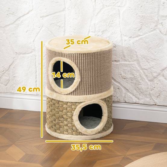 Tonneau à gratter pour chat arbre à chat sisal naturel et herbiers marins recouvert de peluche 35,5x35,5x49cm kaki café - Image 5