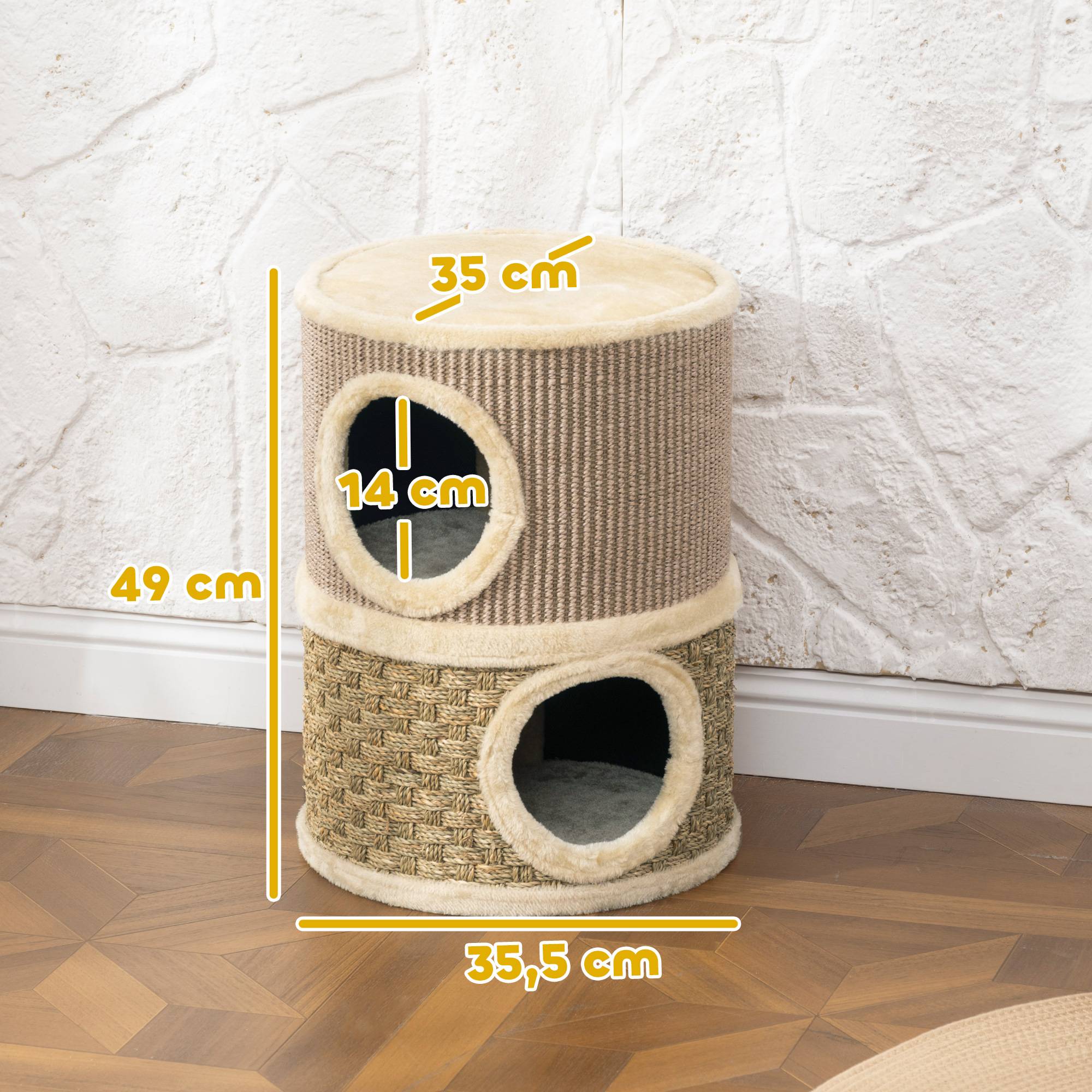 Tonneau à gratter pour chat arbre à chat sisal naturel et herbiers marins recouvert de peluche 35,5x35,5x49cm kaki café - Image 5