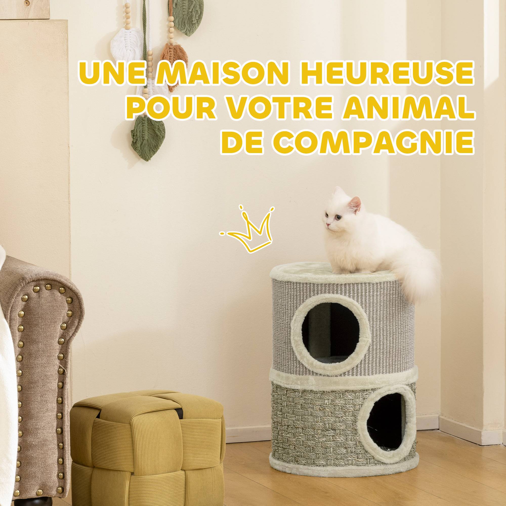 Tonneau à gratter pour chat arbre à chat sisal naturel et herbiers marins recouvert de peluche 35,5x35,5x49cm kaki café - Image 6