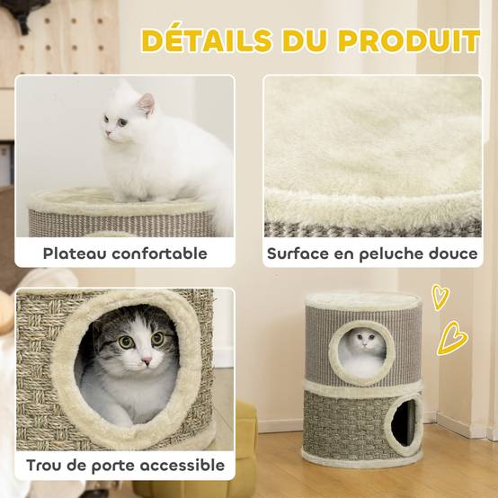 Tonneau à gratter pour chat arbre à chat sisal naturel et herbiers marins recouvert de peluche 35,5x35,5x49cm kaki café - Image 7
