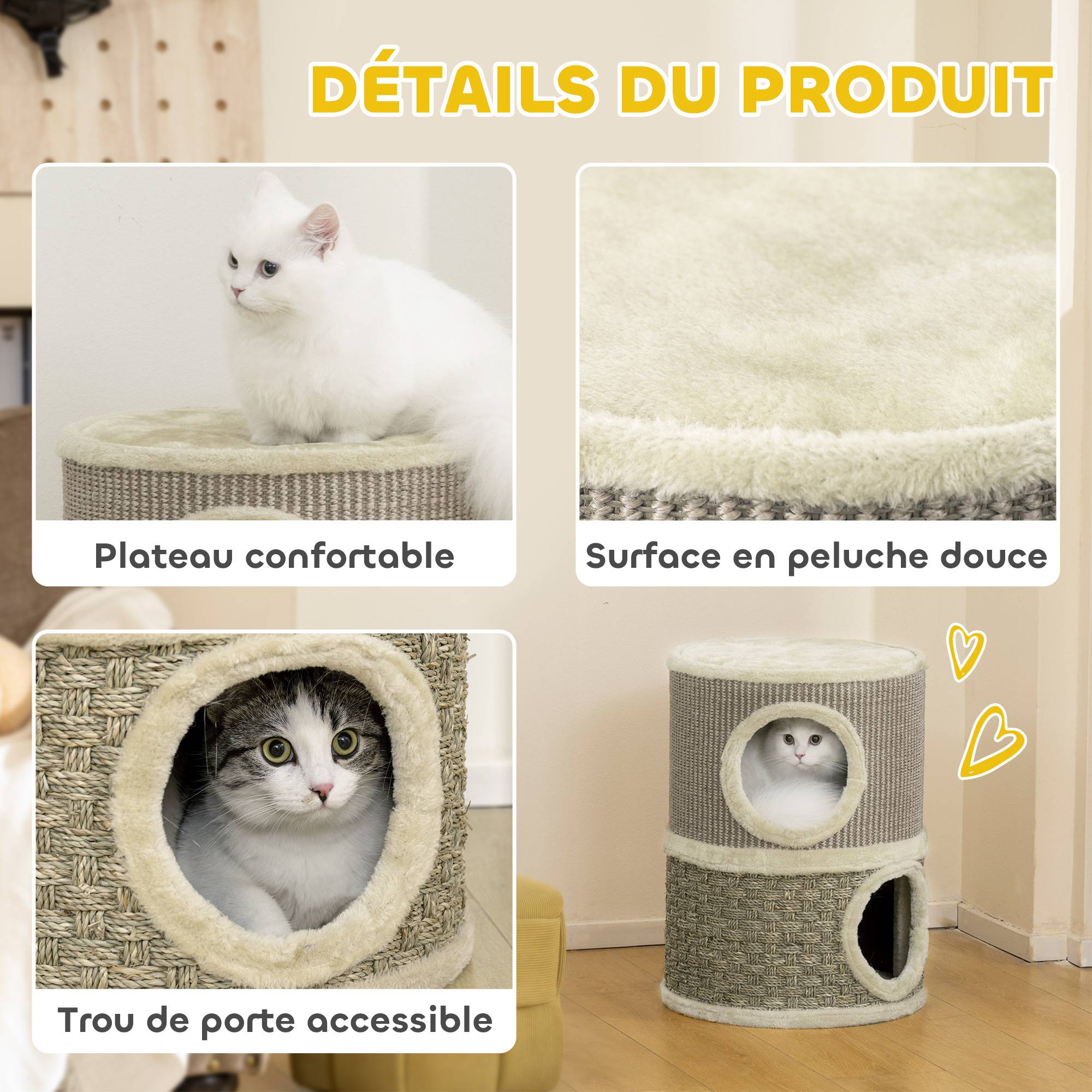 Tonneau à gratter pour chat arbre à chat sisal naturel et herbiers marins recouvert de peluche 35,5x35,5x49cm kaki café - Image 7
