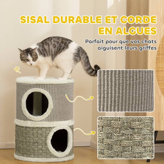 Tonneau à gratter pour chat arbre à chat sisal naturel et herbiers marins recouvert de peluche 35,5x35,5x49cm kaki café - Image 8