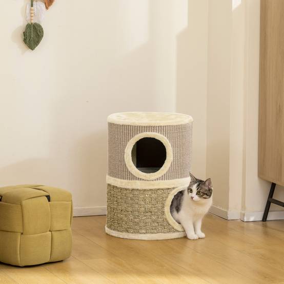 Tonneau à gratter pour chat arbre à chat sisal naturel et herbiers marins recouvert de peluche 35,5x35,5x49cm kaki café - Image 3