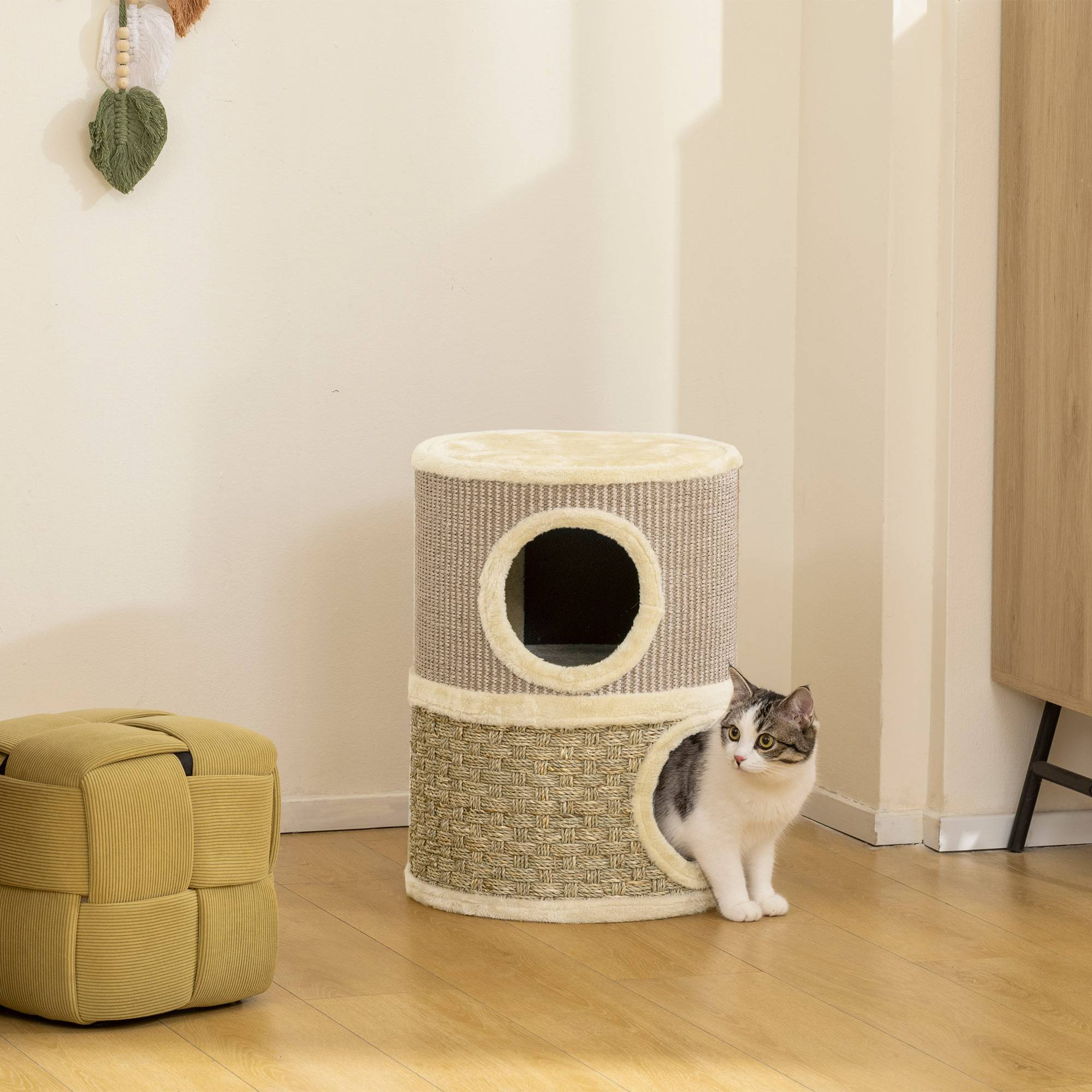 Tonneau à gratter pour chat arbre à chat sisal naturel et herbiers marins recouvert de peluche 35,5x35,5x49cm kaki café - Image 3