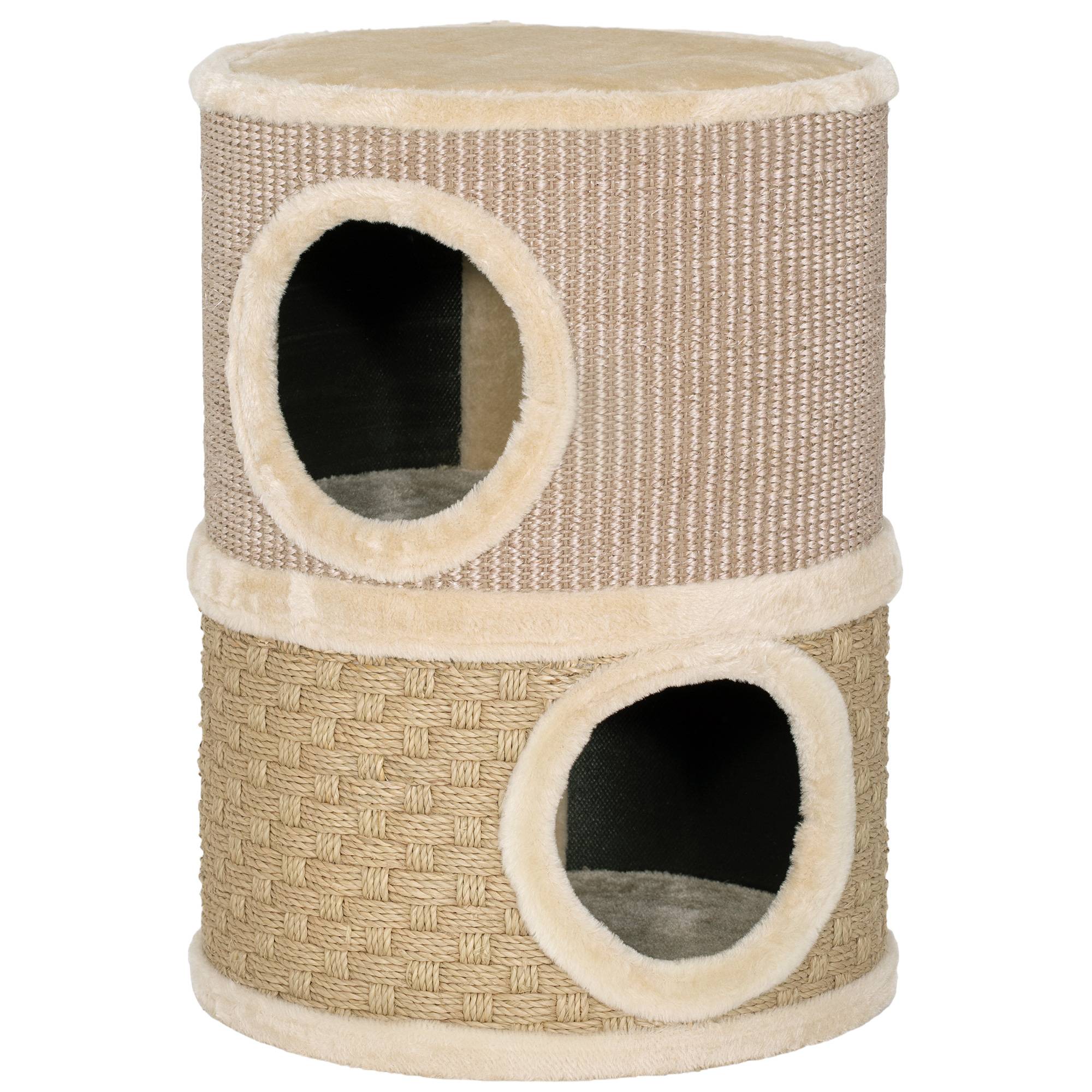 Tonneau à gratter pour chat arbre à chat sisal naturel et herbiers marins recouvert de peluche 35,5x35,5x49cm kaki café - Image 2