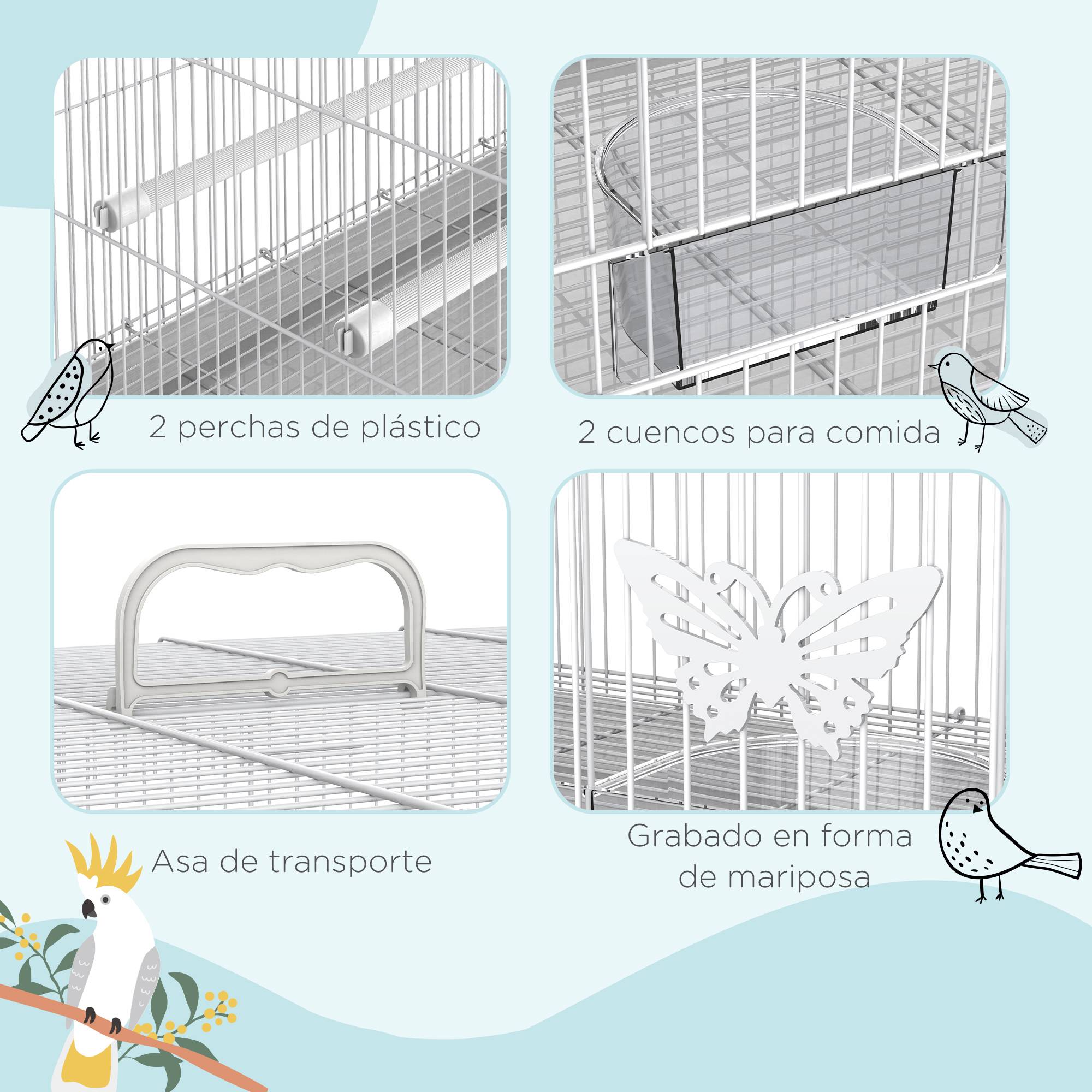 Cage à oiseaux 60x41x41cm métal mangeoires 2 perchoirs 3 portes poignée, petits oiseaux, blanc - Image 8