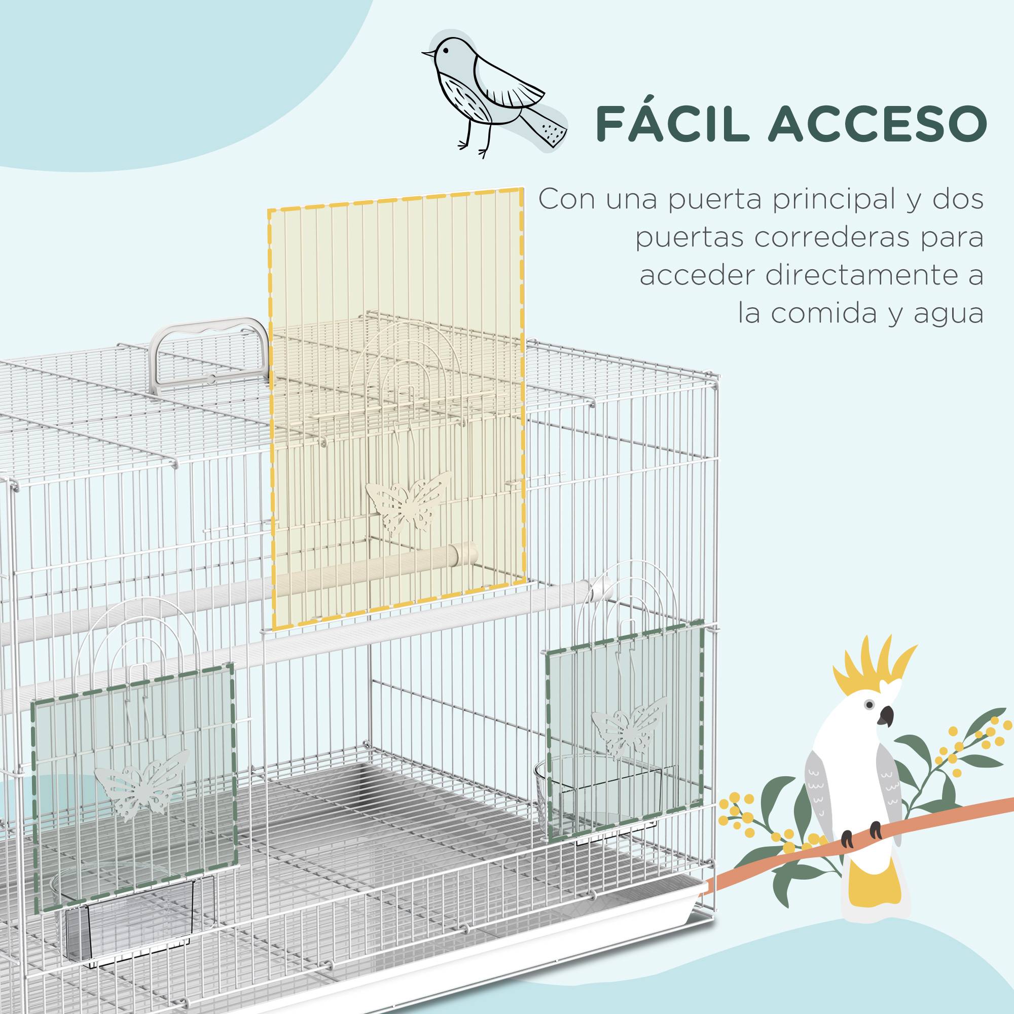 Cage à oiseaux 60x41x41cm métal mangeoires 2 perchoirs 3 portes poignée, petits oiseaux, blanc - Image 6