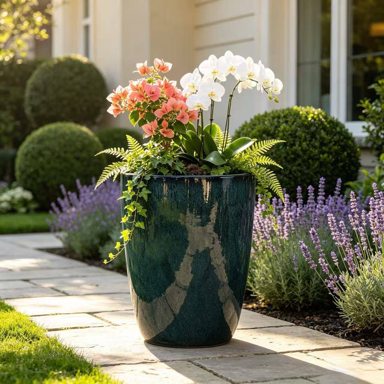 ComfortXL - Grand pot de fleurs céramique vert mousse Ø38,5 x H49,5 cm extérieur drainage - ComfortXL Outdoor Living - Image 4