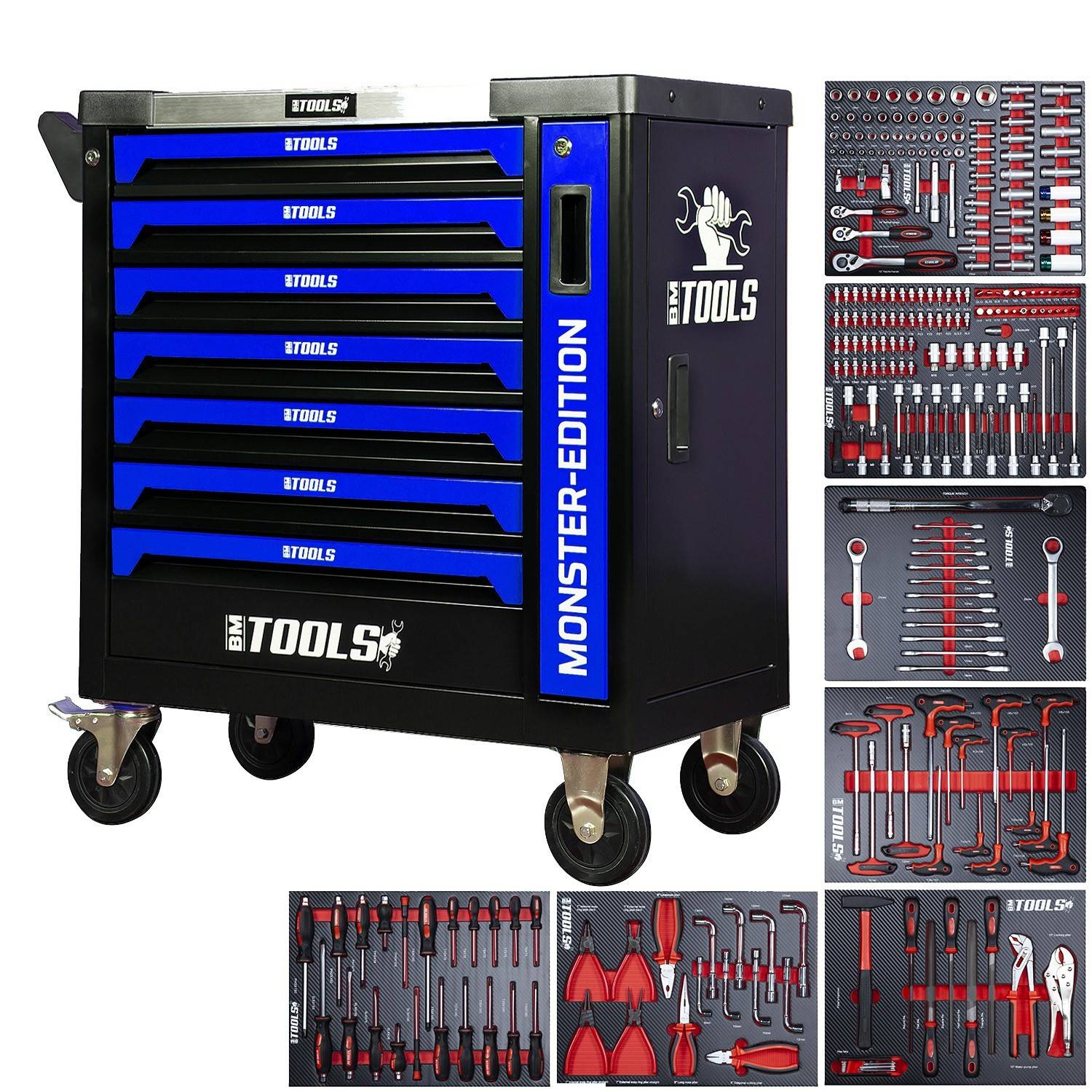 Servante d'atelier BM TOOLS 9/7 MONSTER-EDITION-BLUE 7 tiroirs pleins, 1 porte & 1 tiroir vertical - 257 outils - Sur roulettes - Image 1