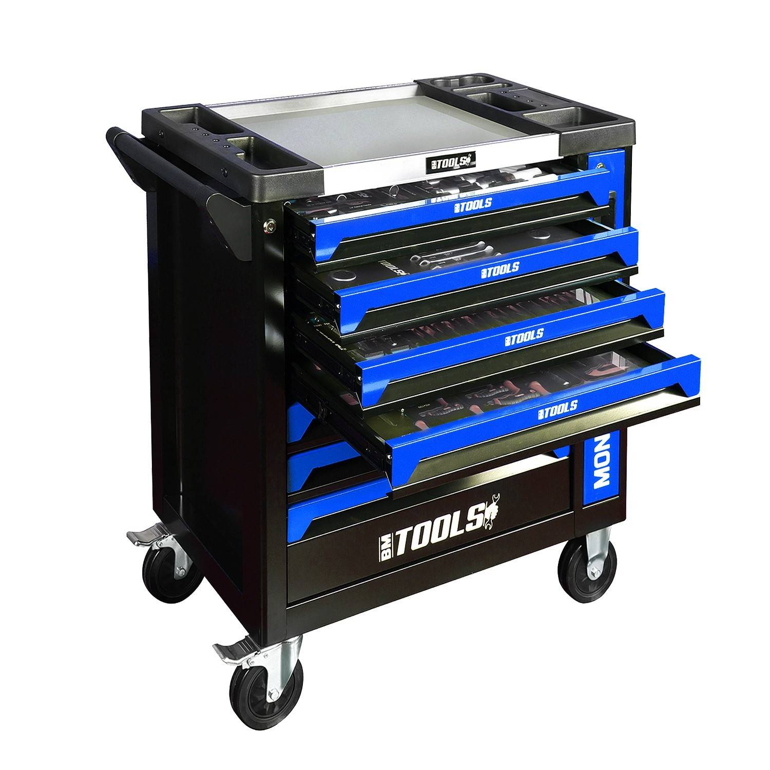 Servante d'atelier BM TOOLS 9/7 MONSTER-EDITION-BLUE 7 tiroirs pleins, 1 porte & 1 tiroir vertical - 257 outils - Sur roulettes - Image 2