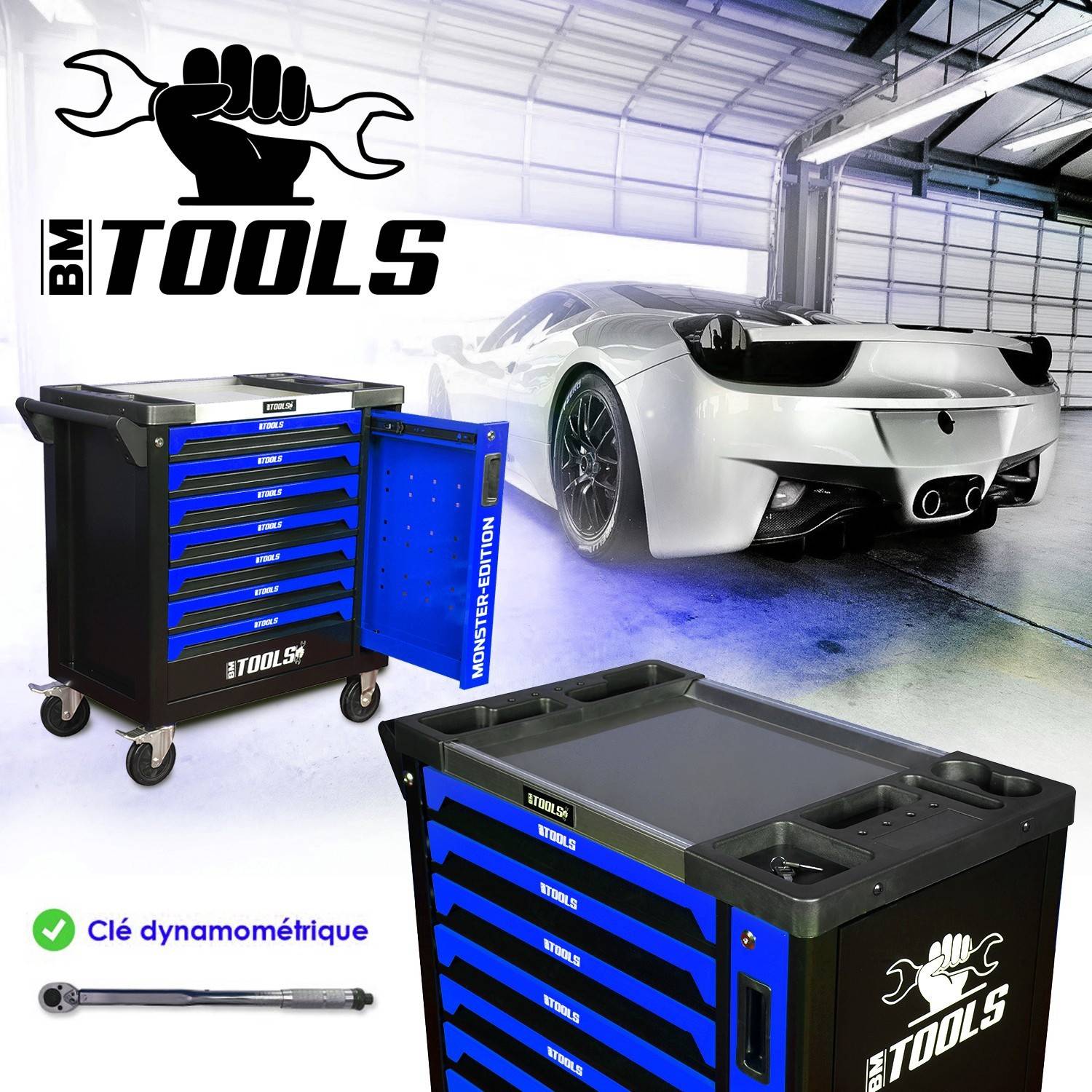 Servante d'atelier BM TOOLS 9/7 MONSTER-EDITION-BLUE 7 tiroirs pleins, 1 porte & 1 tiroir vertical - 257 outils - Sur roulettes - Image 3