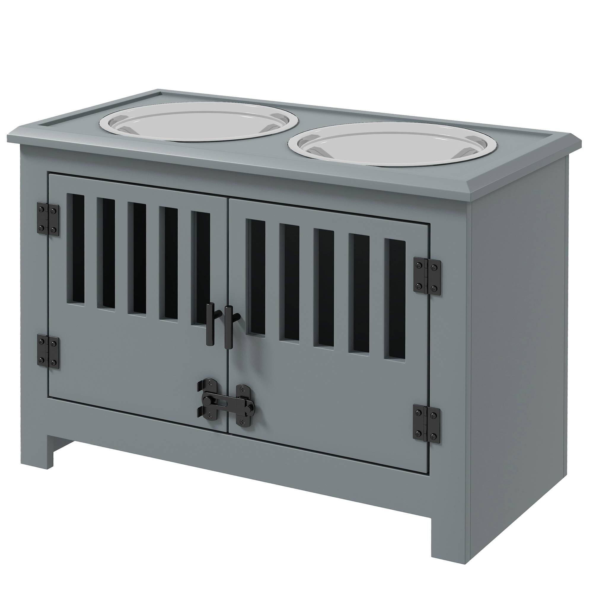 Station d'alimentation surélevée pour grands chiens, 2 gamelles en acier inoxydable, espace de rangement, 35,5 x 60 x 30 cm, grise - Image 2
