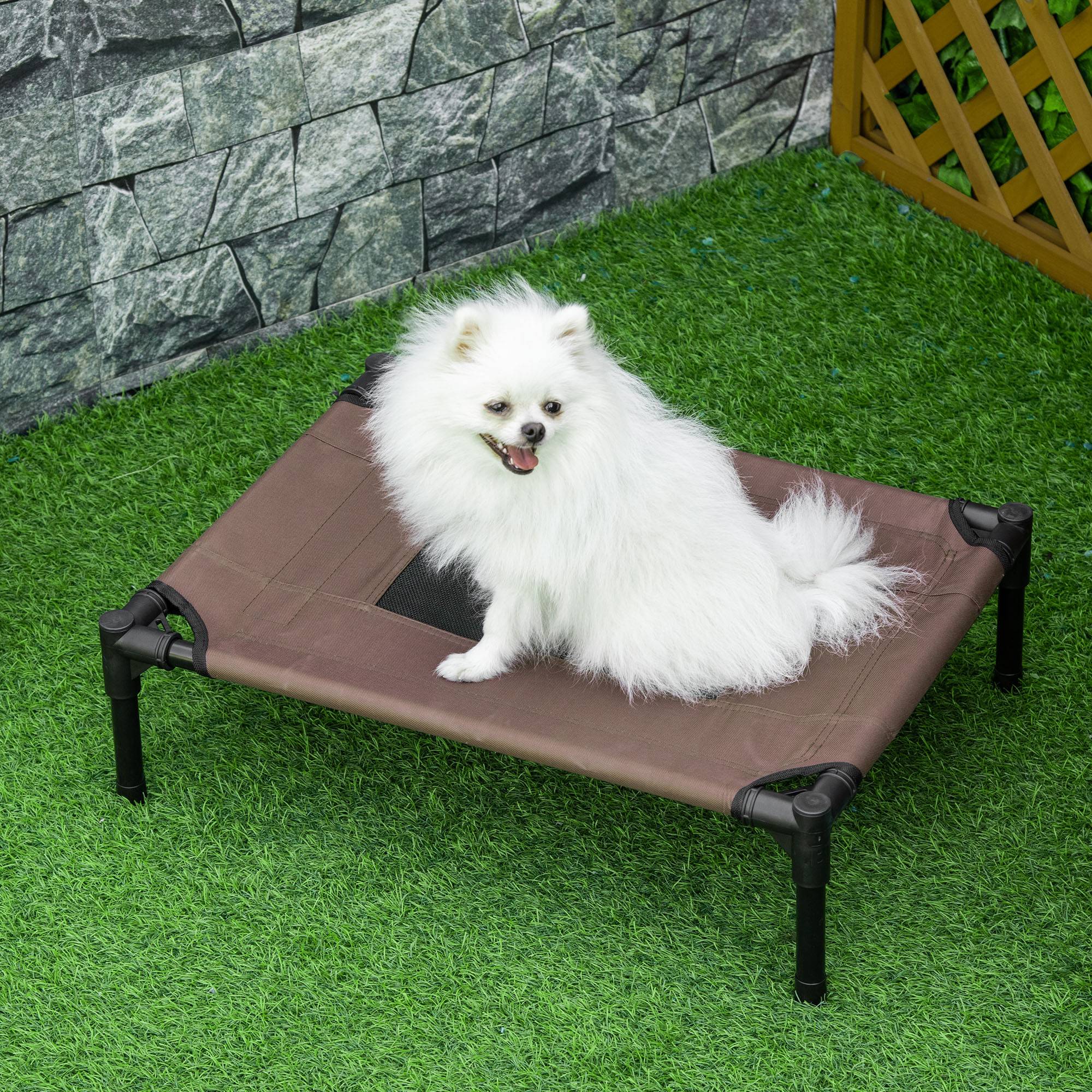 ComfortXL - Lit surélevé pour petit chien en acier et tissu Oxford 61 x 46 x 18 cm noir et marron café couchage aéré - Image 1