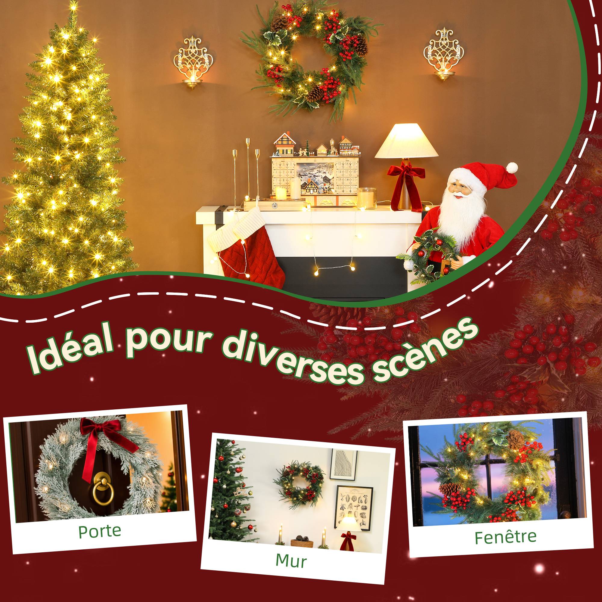 Sans Marque - Couronne de Noël lumineuse 60 cm avec 35 LED, minuterie, 170 pointes, pommes de pin, baies, feuilles de houx, vert - Image 9