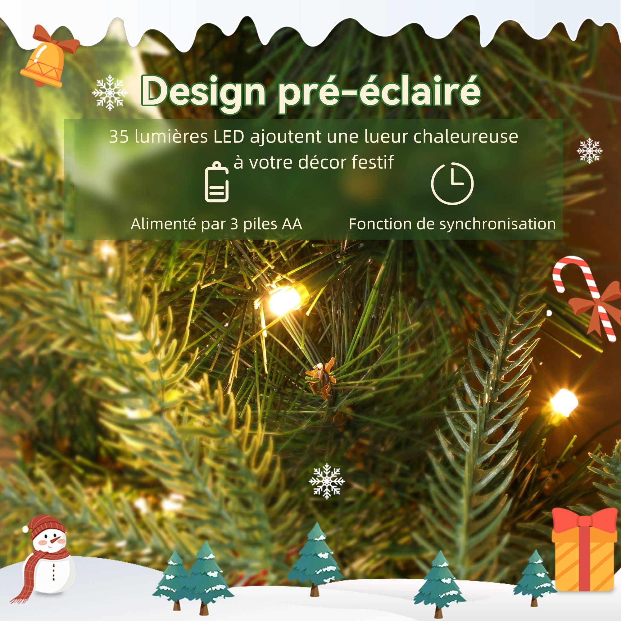 Sans Marque - Couronne de Noël lumineuse 60 cm avec 35 LED, minuterie, 170 pointes, pommes de pin, baies, feuilles de houx, vert - Image 7