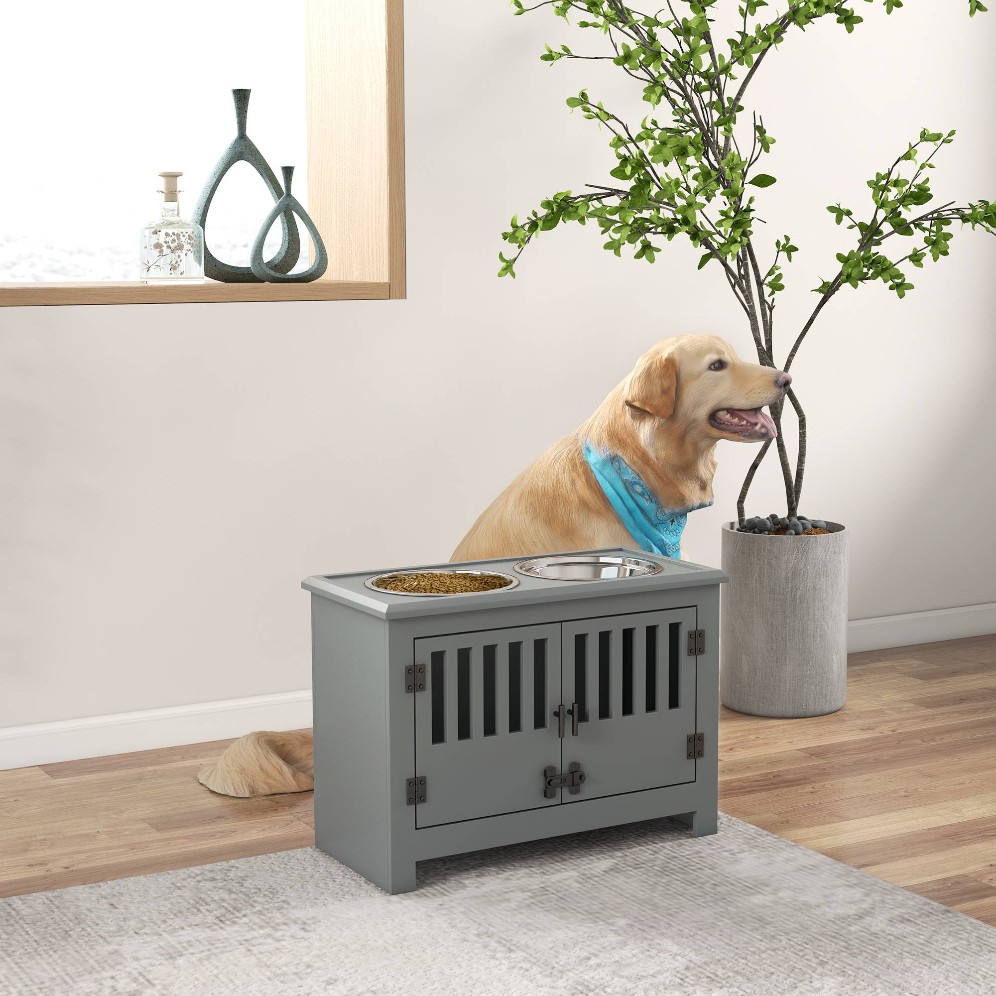Sans Marque - Station alimentation surélevée grands chiens 2 gamelles inox rangement 35,5x60x30 cm grise - Image 3