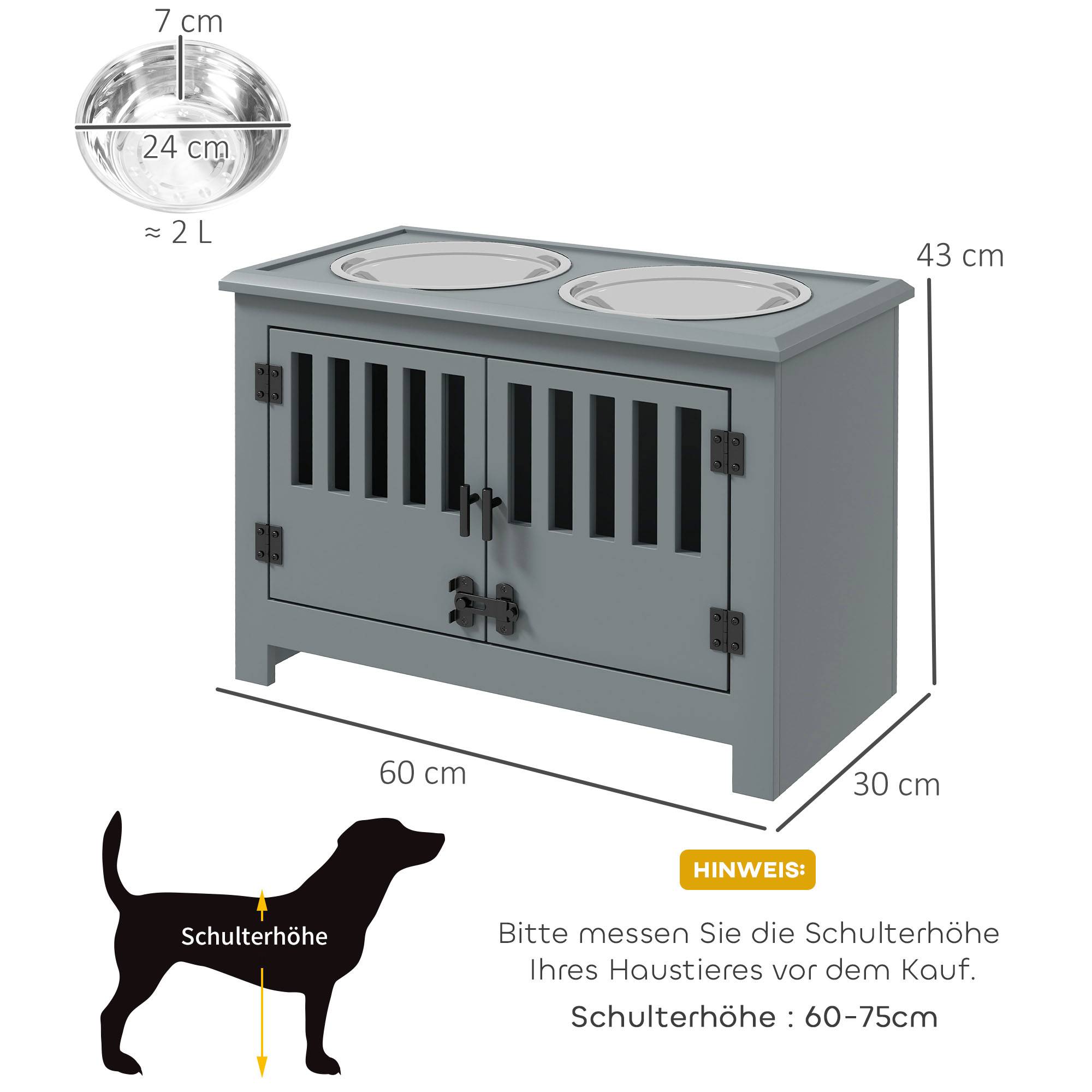Sans Marque - Station alimentation surélevée grands chiens 2 gamelles inox rangement 35,5x60x30 cm grise - Image 5