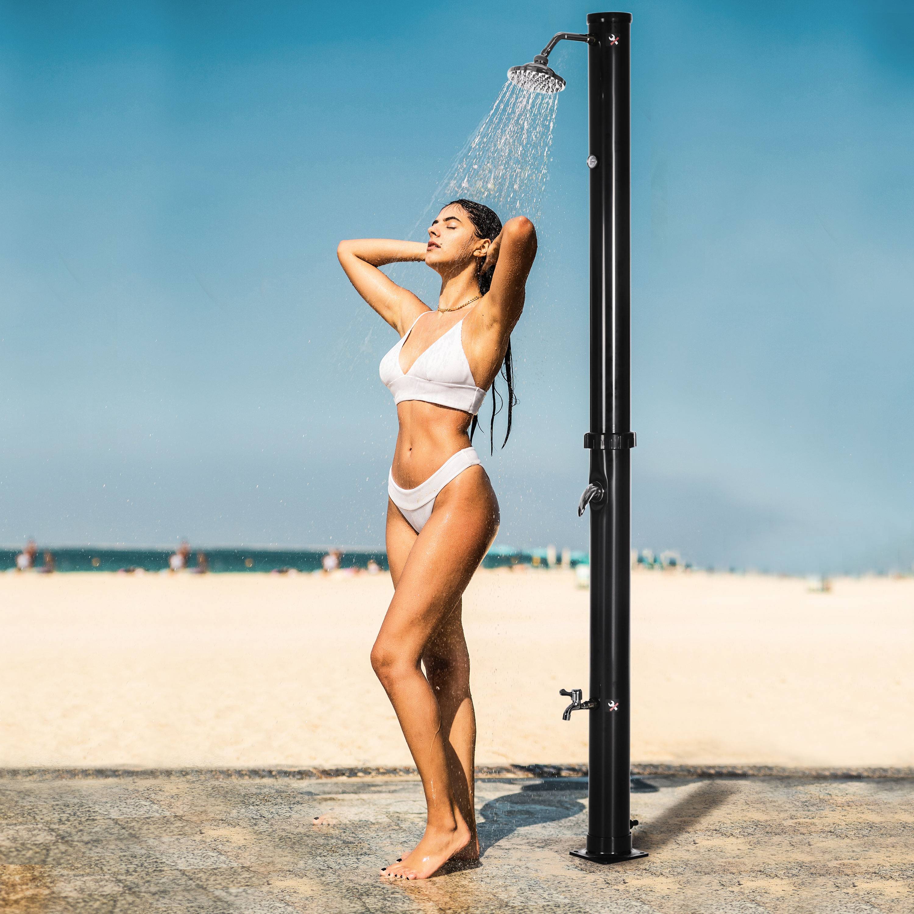 Douche solaire de jardin 20 L avec pommeau rond, robinet d'eau chaude (60 °C max.) pour piscine, 15,5 x 15,5 x 222 cm, noire - Image 3