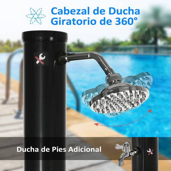 Douche solaire de jardin 20 L avec pommeau rond, robinet d'eau chaude (60 °C max.) pour piscine, 15,5 x 15,5 x 222 cm, noire - Image 8