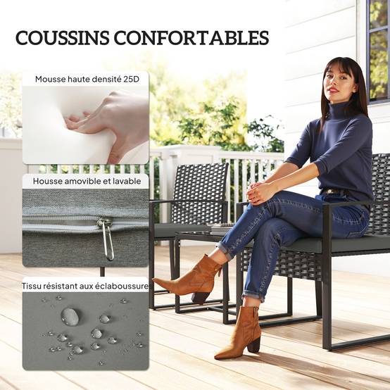 Salon de jardin extérieur en résine tressée 2 personnes, table de jardin avec 2 chaises, plateau en verre trempé, marron - Image 8