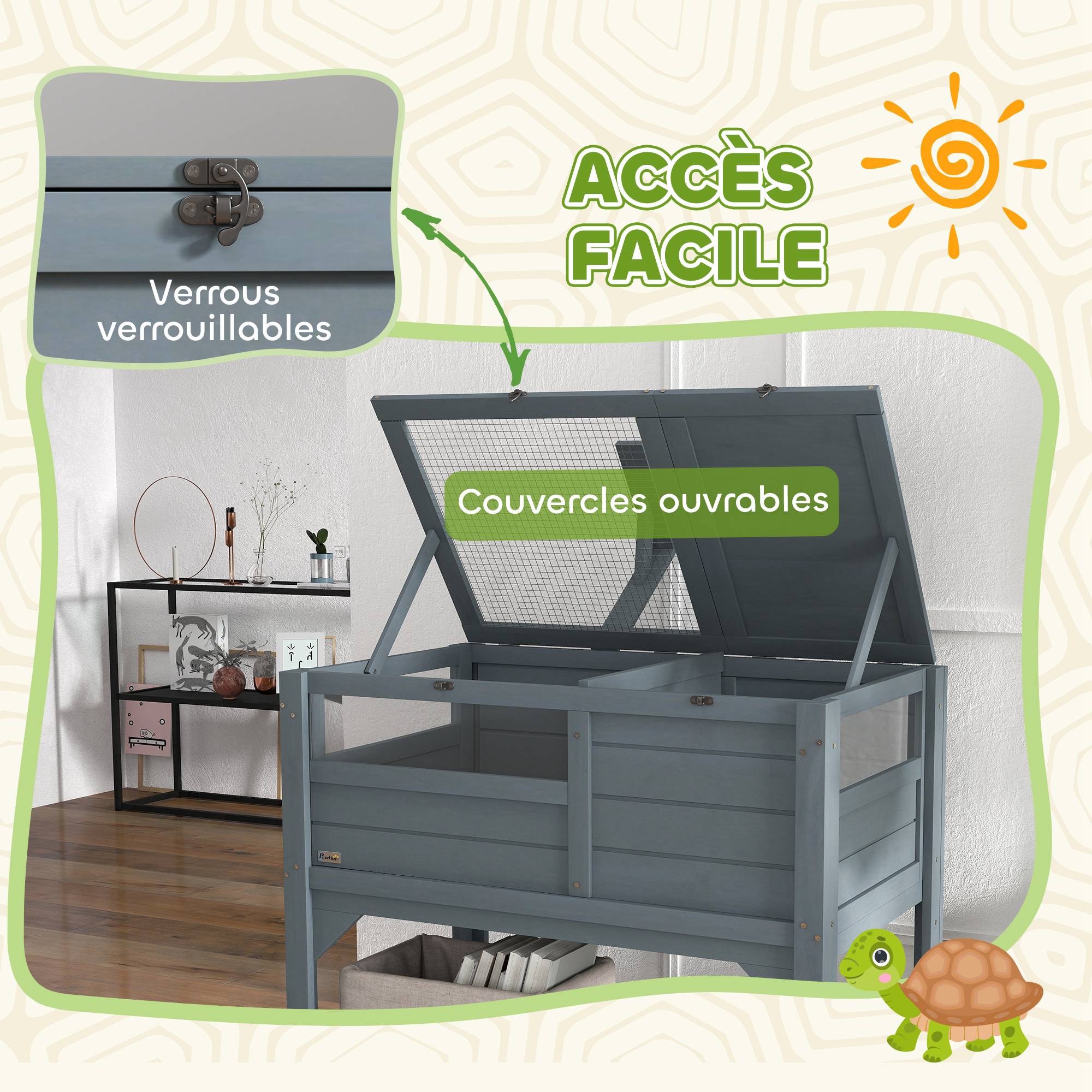 Maison enclos pour tortues sur pieds avec étagère de rangement en bois de sapin - dim. 103H x 84L x 51l cm - Image 8