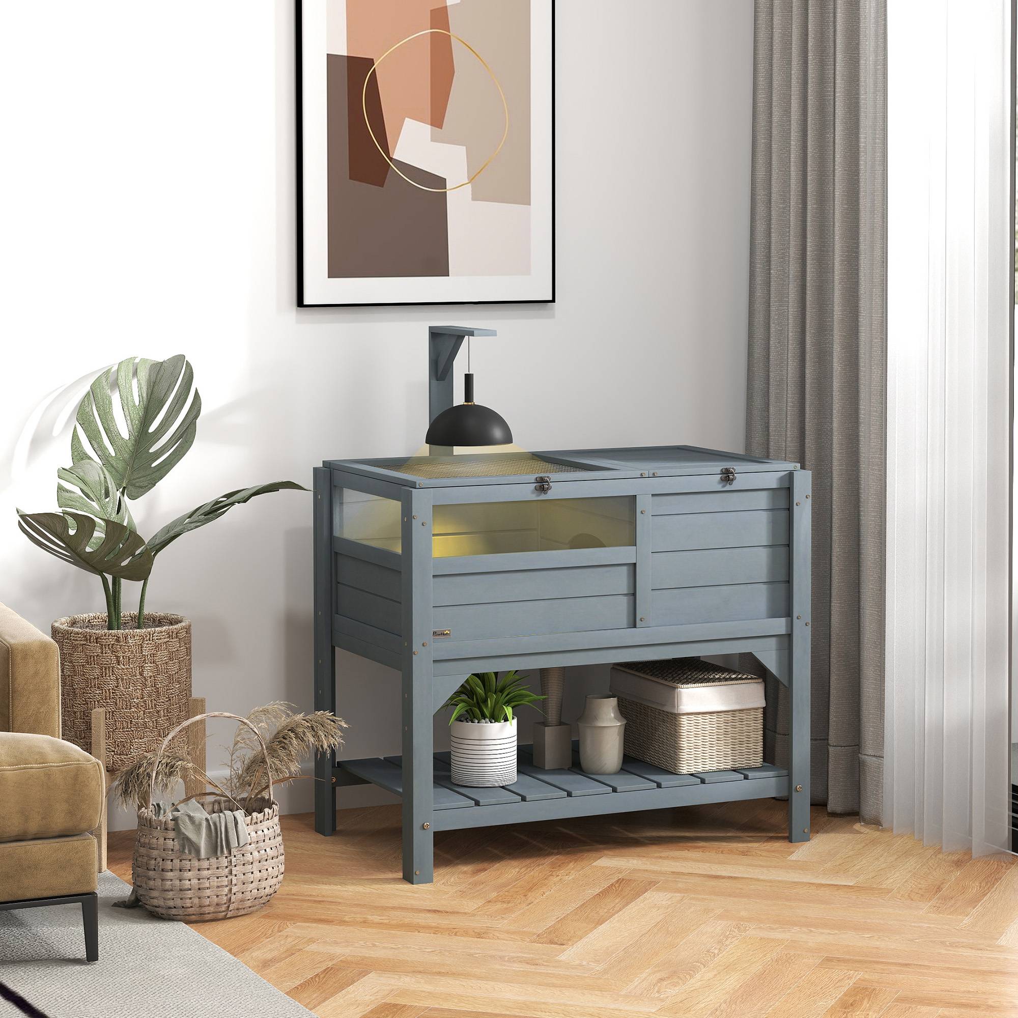 Maison enclos pour tortues sur pieds avec étagère de rangement en bois de sapin - dim. 103H x 84L x 51l cm - Image 4