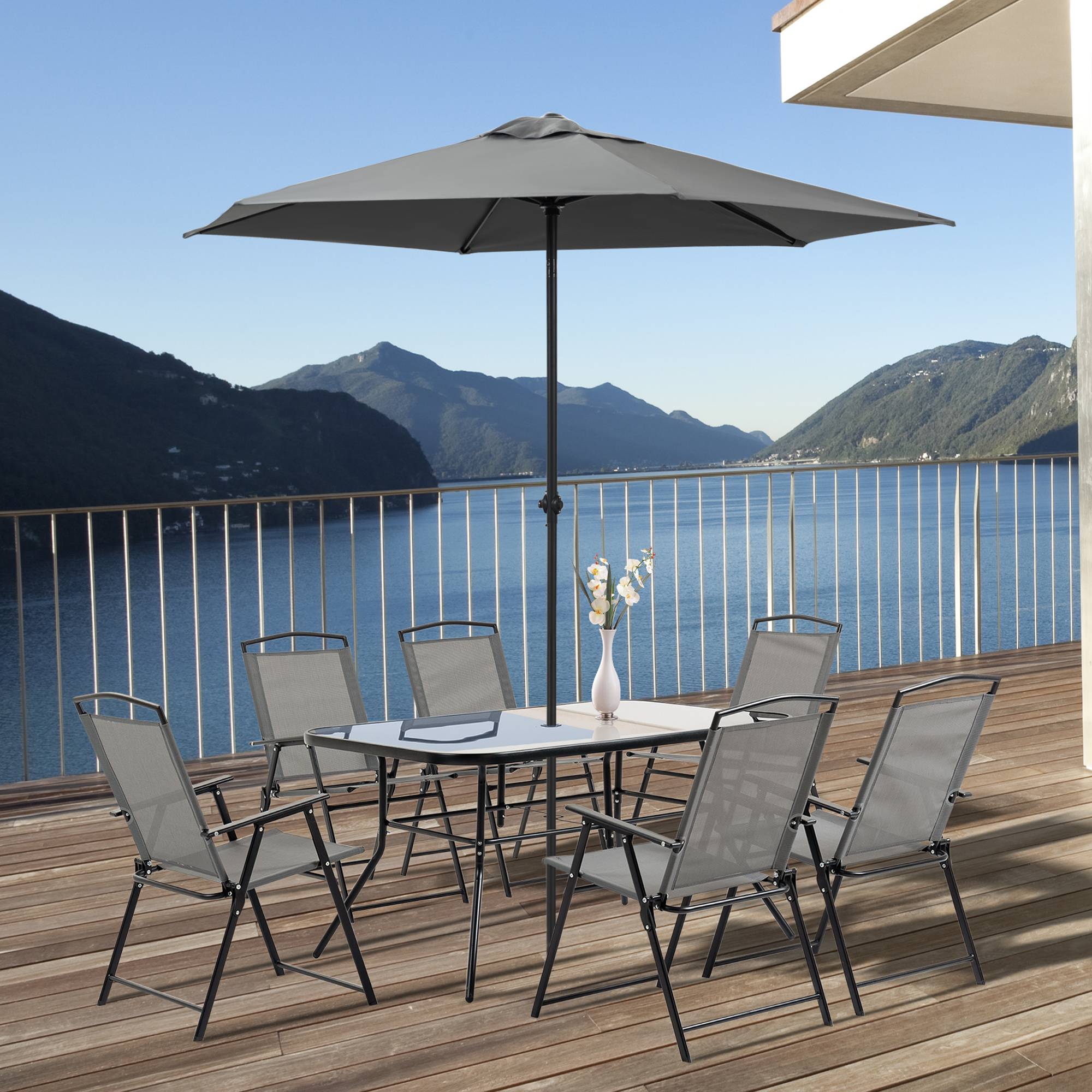Outsunny - Ensemble salon de jardin 6 places 8 pièces - parasol, table, 6 chaises pliantes - métal époxy textilène polyester gris - Outsunny - Image 2