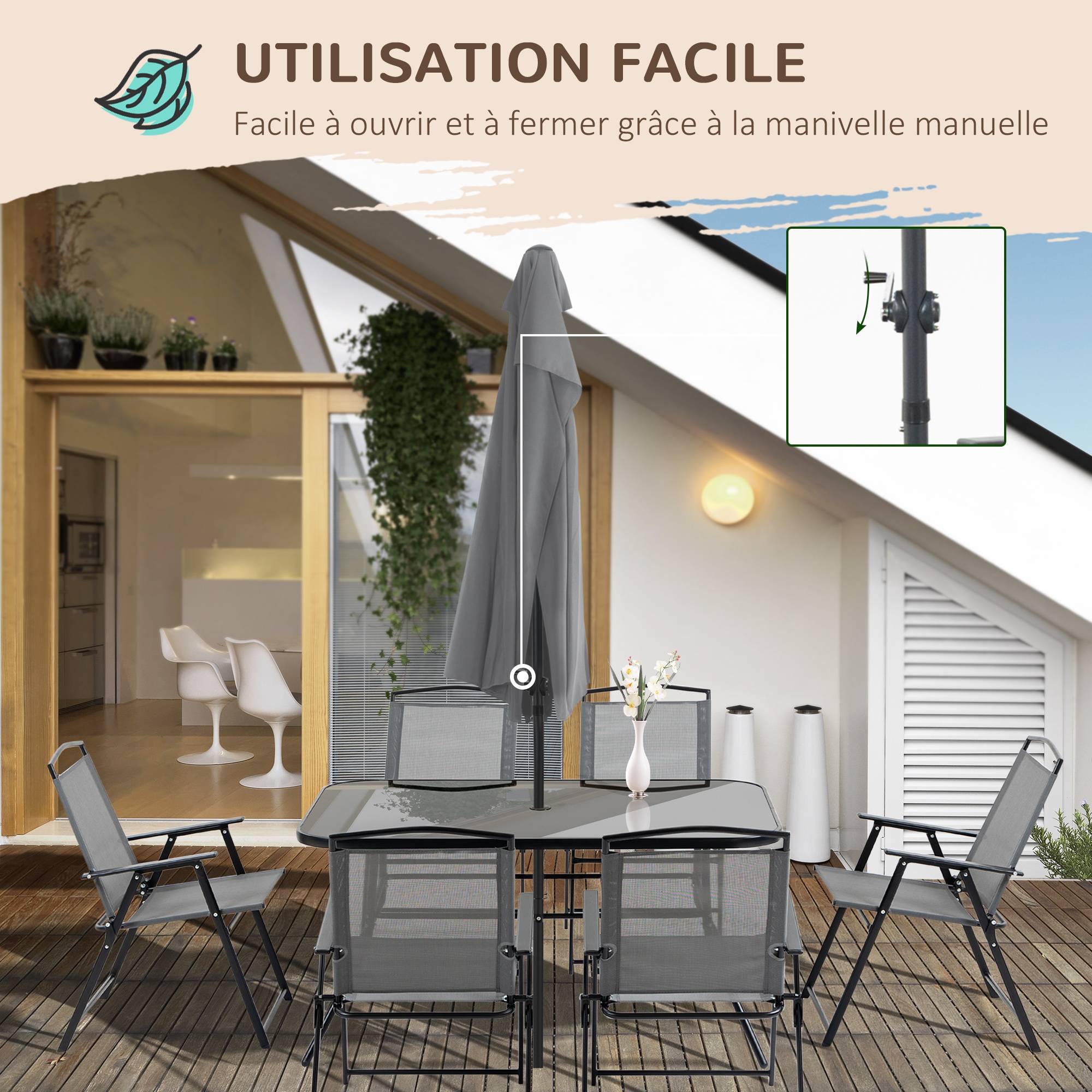 Outsunny - Ensemble salon de jardin 6 places 8 pièces - parasol, table, 6 chaises pliantes - métal époxy textilène polyester gris - Outsunny - Image 7