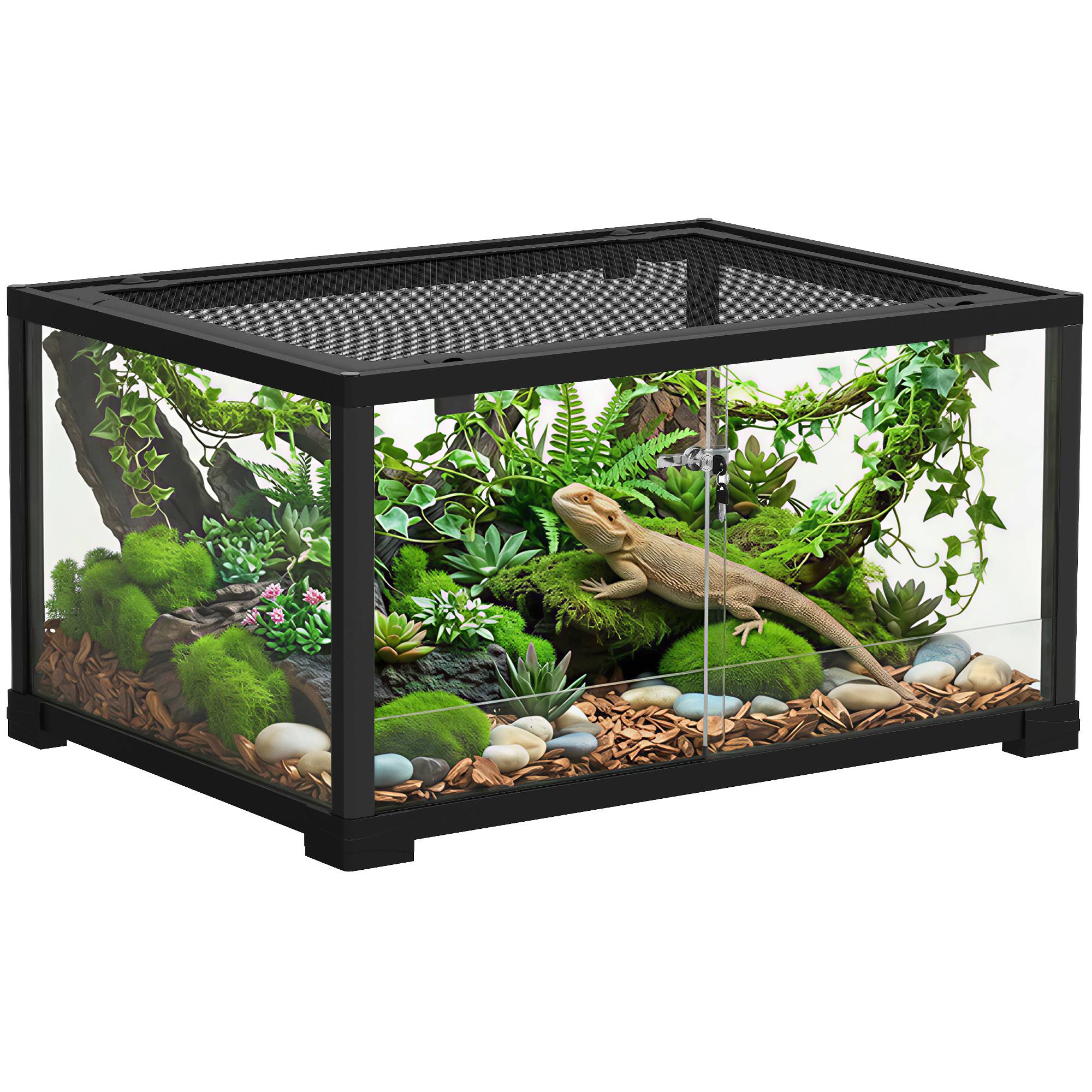 Sans Marque - Terrarium en verre pour reptile enclos pour hamster 86 L ventilation supérieure porte coulissante 50,8x30,5x35,6cm noir - Image 1