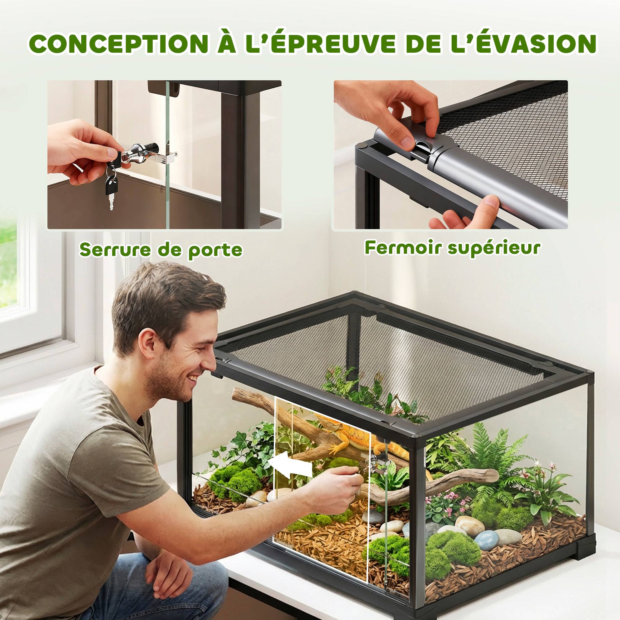 Sans Marque - Terrarium en verre pour reptile enclos pour hamster 86 L ventilation supérieure porte coulissante 50,8x30,5x35,6cm noir - Image 6