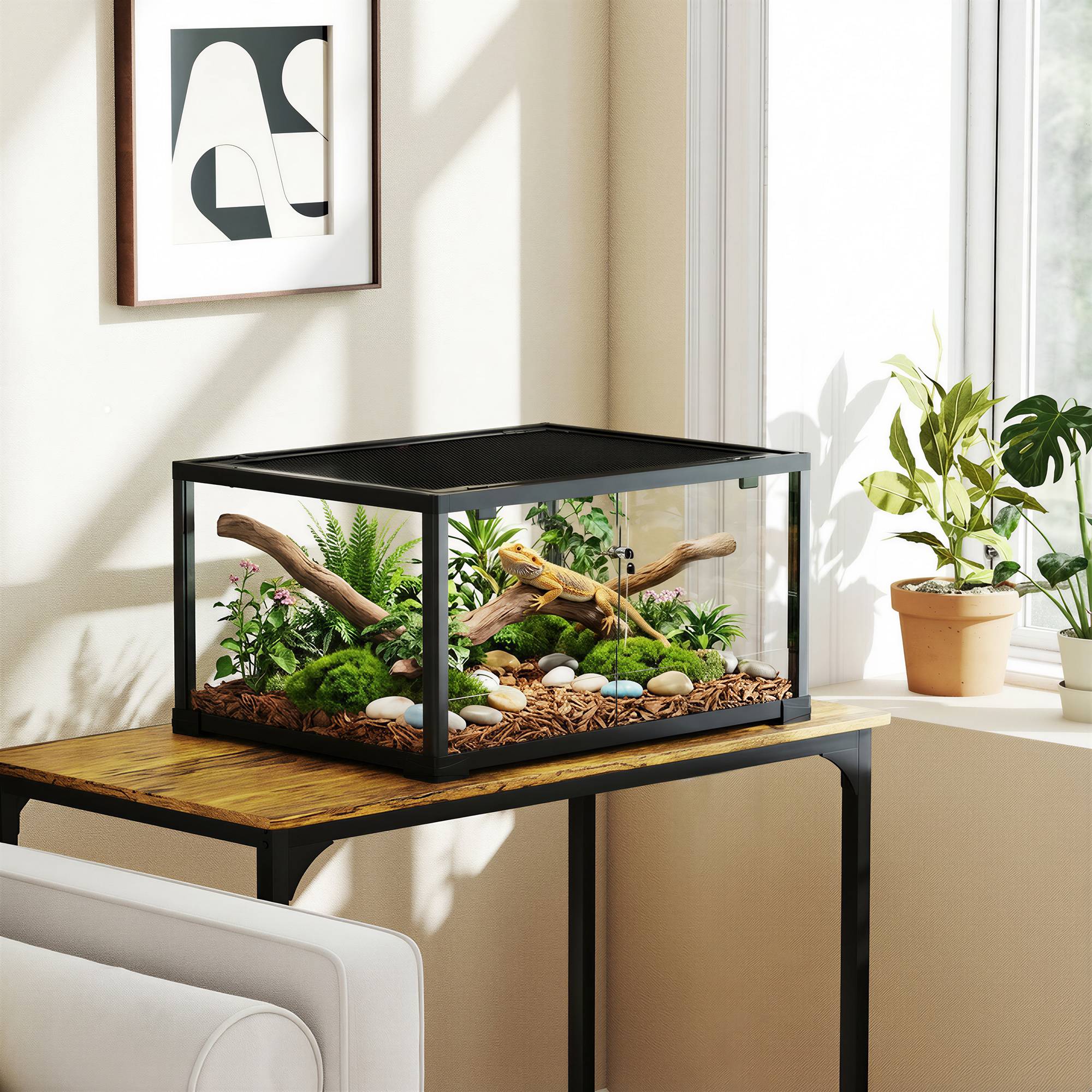 Sans Marque - Terrarium en verre pour reptile enclos pour hamster 86 L ventilation supérieure porte coulissante 50,8x30,5x35,6cm noir - Image 4