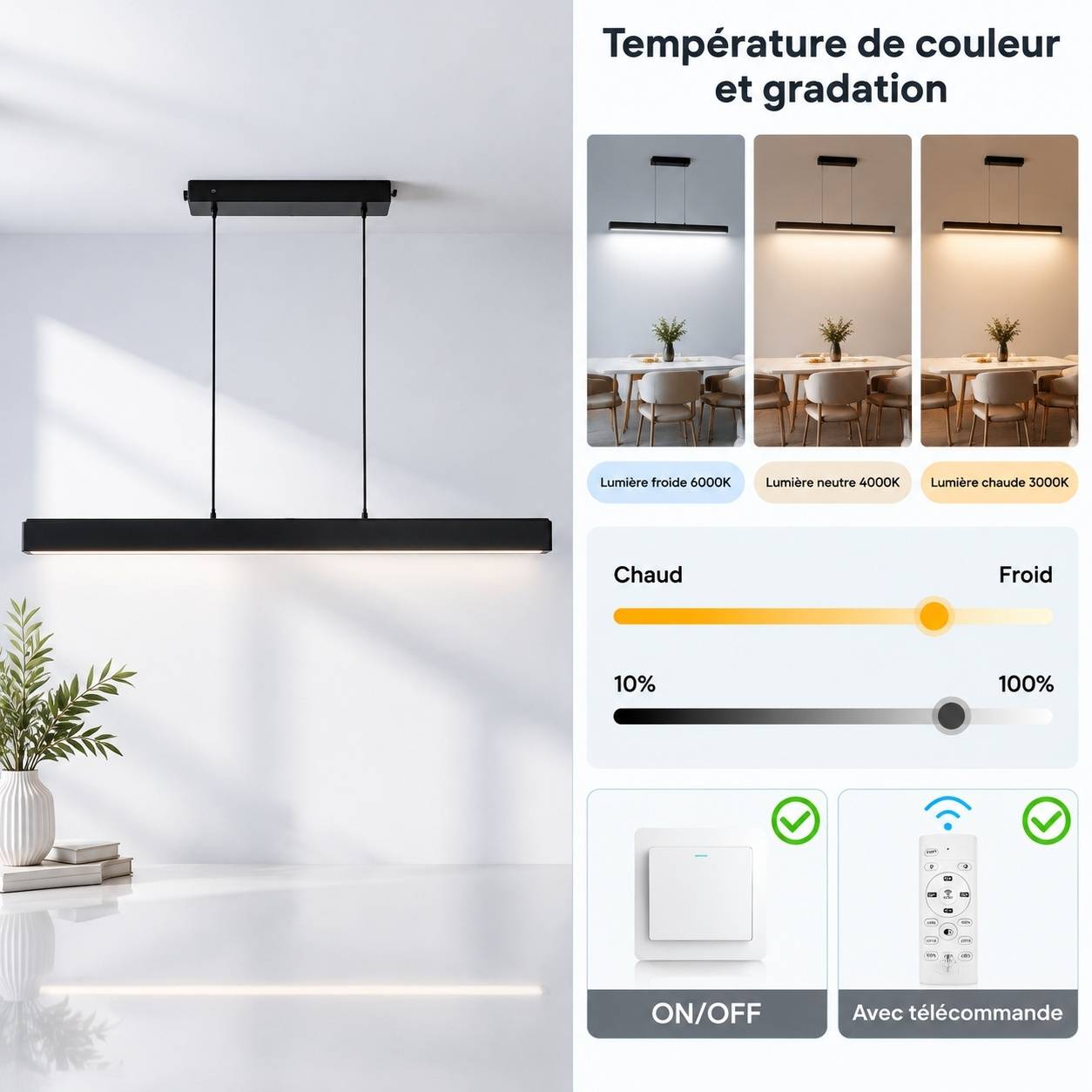 Suspension LED Dimmable Noire 100cm 36W Hauteur Reglable - Image 2