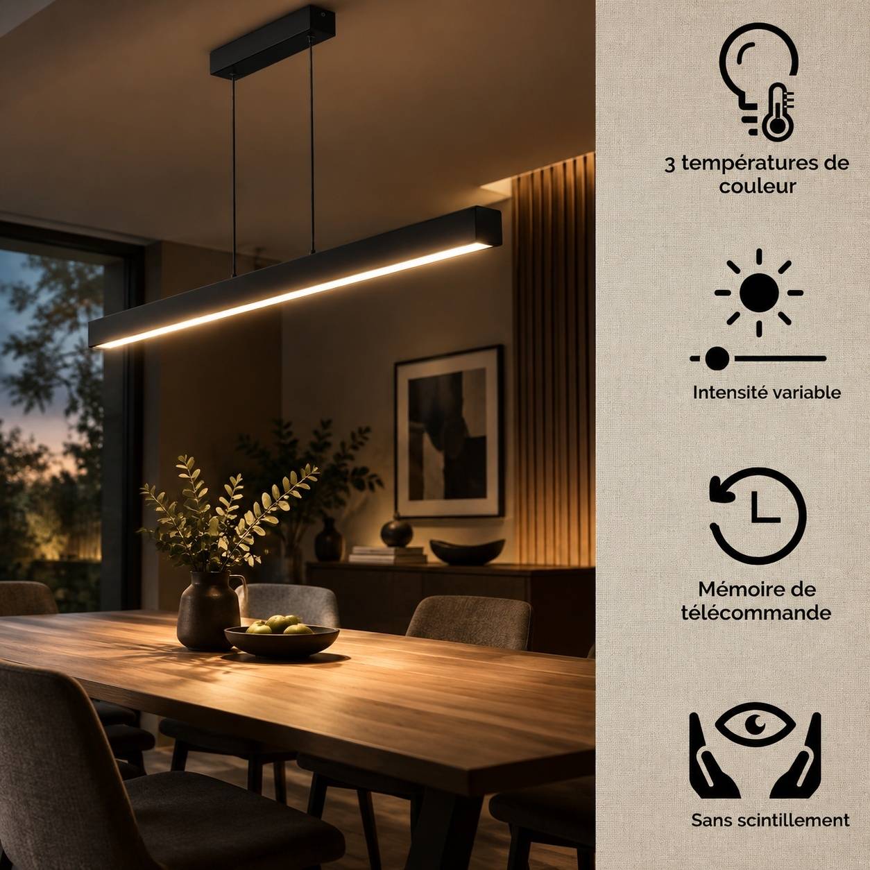 Suspension LED Dimmable Noire 100cm 36W Hauteur Reglable - Image 3