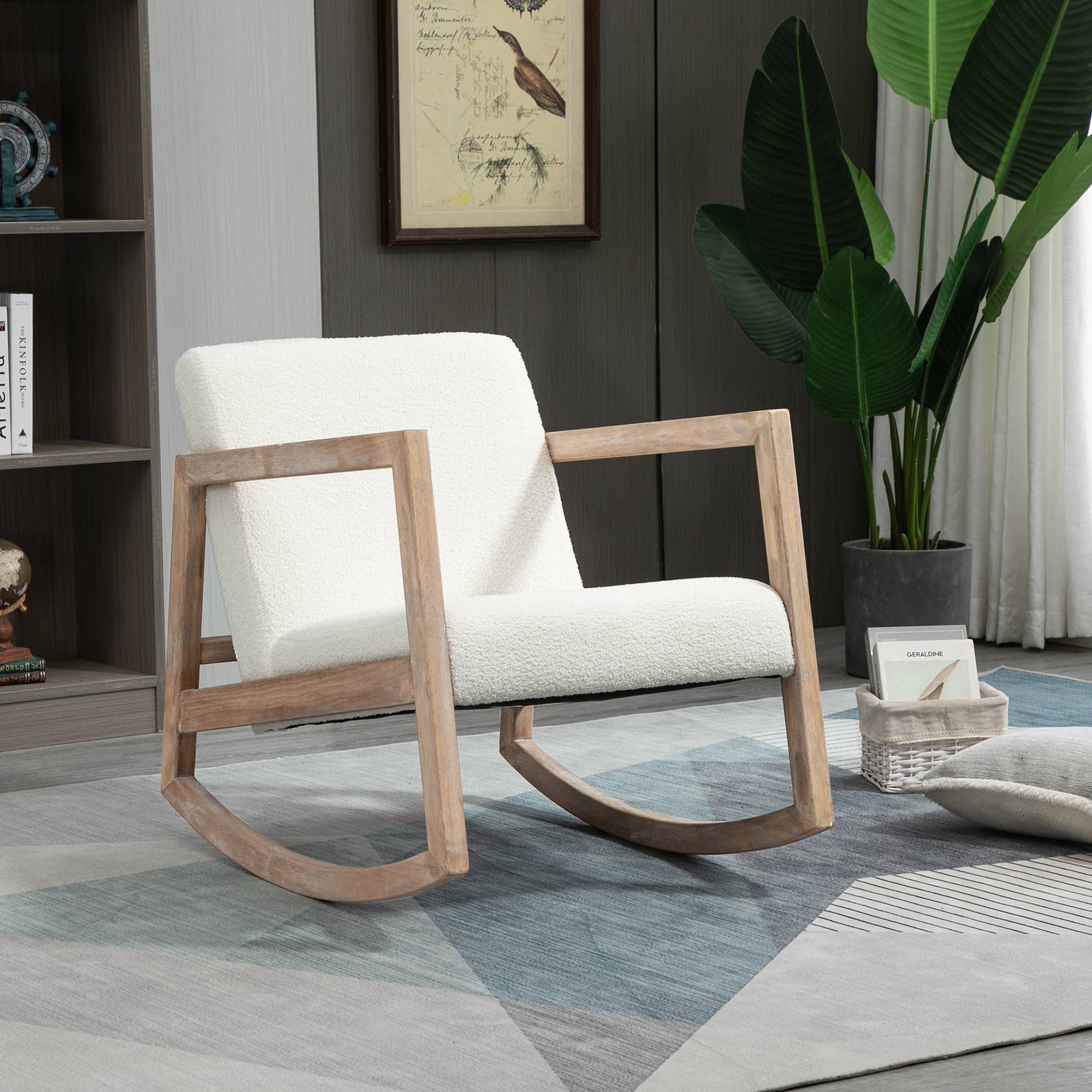 Fauteuil à bascule fauteuil allaitement rocking chair en tissu effet laine bouclée avec pieds en bois massif - Image 3