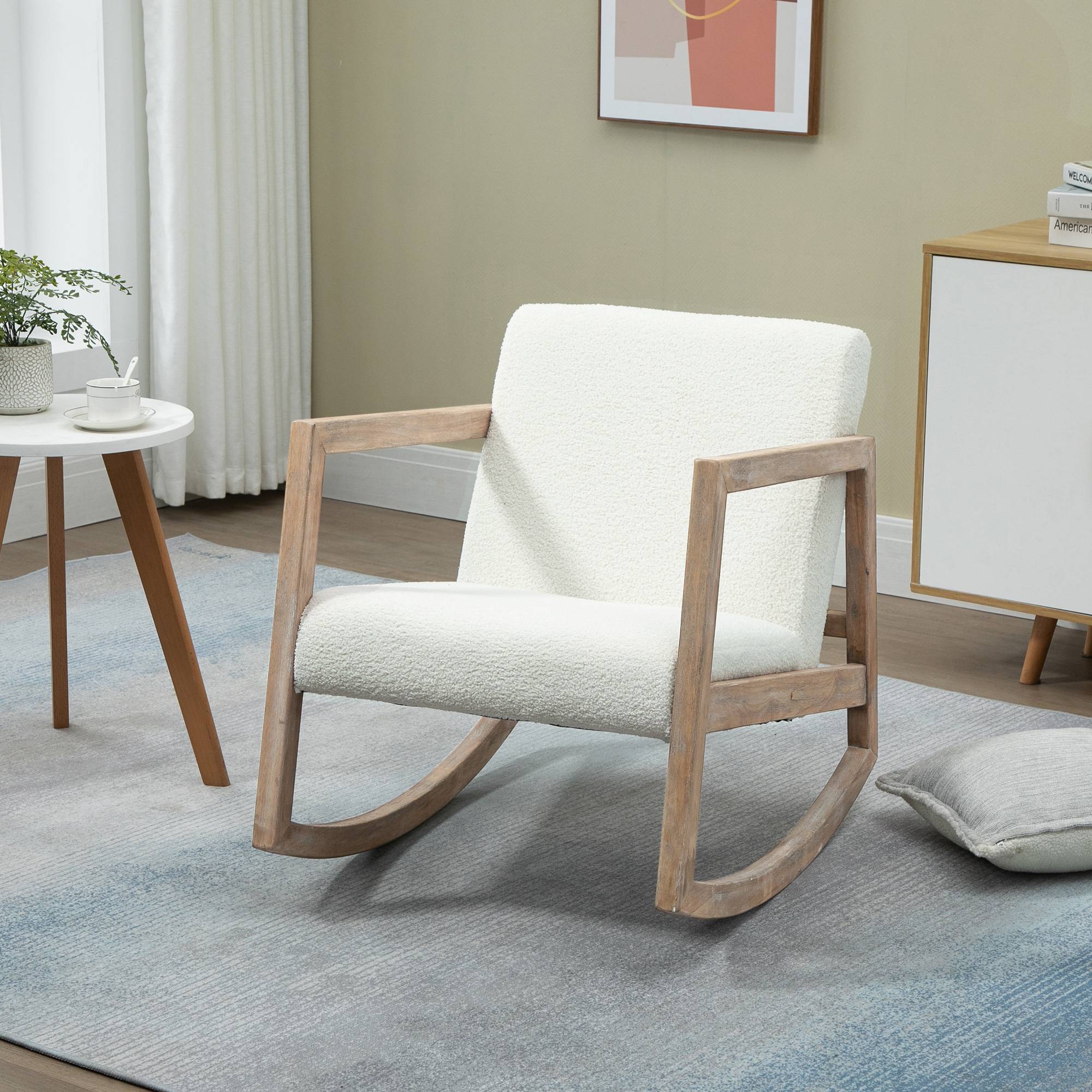 Fauteuil à bascule fauteuil allaitement rocking chair en tissu effet laine bouclée avec pieds en bois massif - Image 4