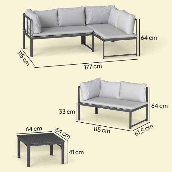 Salon de Jardin Extérieur en Acier 4 pièces | Mobilier de jardin Gris Métal, Polyester 177x115x64 cm - Image 5