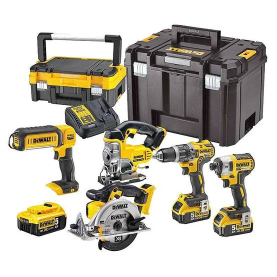 Pack 5 machines DEWALT DCK551P3T : perceuse (DCD796), visseuse à choc (DCF887), scie sauteuse (DCS331), scie circulaire (DCS391) et une lampe LED (DCL - Image 1