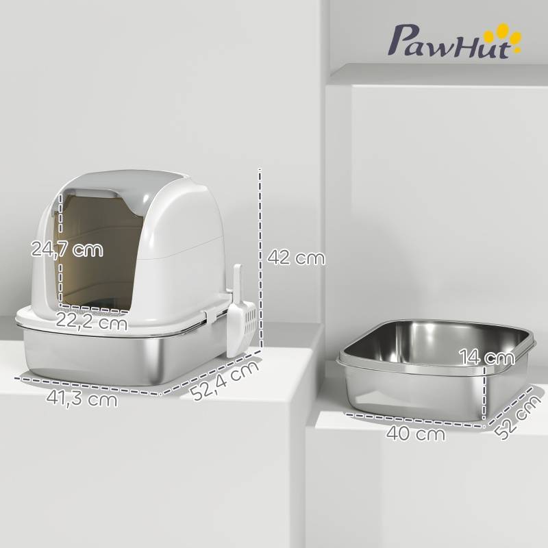 Litière pour chat en inox avec couvercle, 52.4 x 41.3 x 42 cm, blanc - PANGIVO - Image 3
