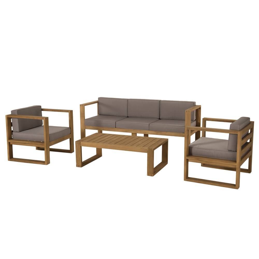 Macabane - KIM - Salon de jardin bois teck avec canapé 3p. 2 fauteuils et 1 table basse - Image 1
